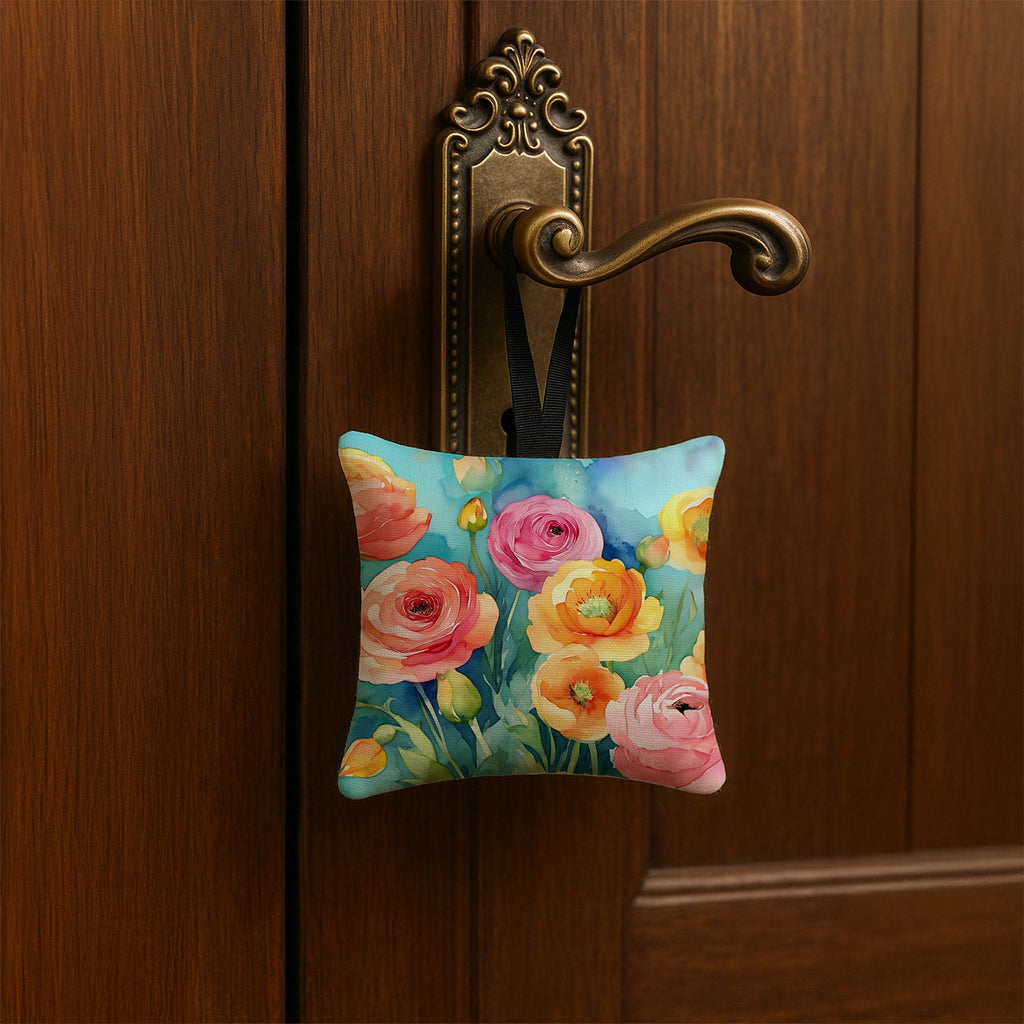 Ranunculus in Watercolor Hanging Square Fabric Ornament 3.5 × 3.5 Decorative Door-Knob & Tree Hanger, Soft Fabric