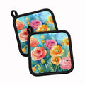 Ranunculus in Watercolor Pot Holder Set of 2 Heat Resistant Quilted Hot Pads 7.5 x 7.5 Inch, Insulated Kitchen Trivets for Cooking & Baking