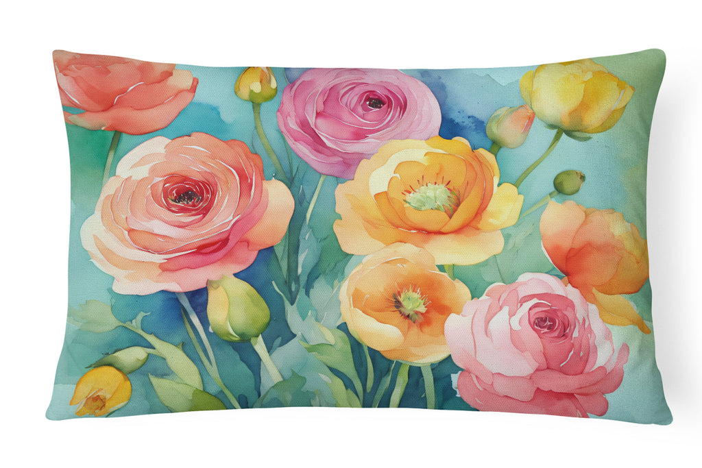 Ranunculus in Watercolor Decorative Throw Pillow 12x16 Indoor Outdoor Accent Cushion, Fabric Cover with Insert for Sofa, Bed, Porch & Living Room