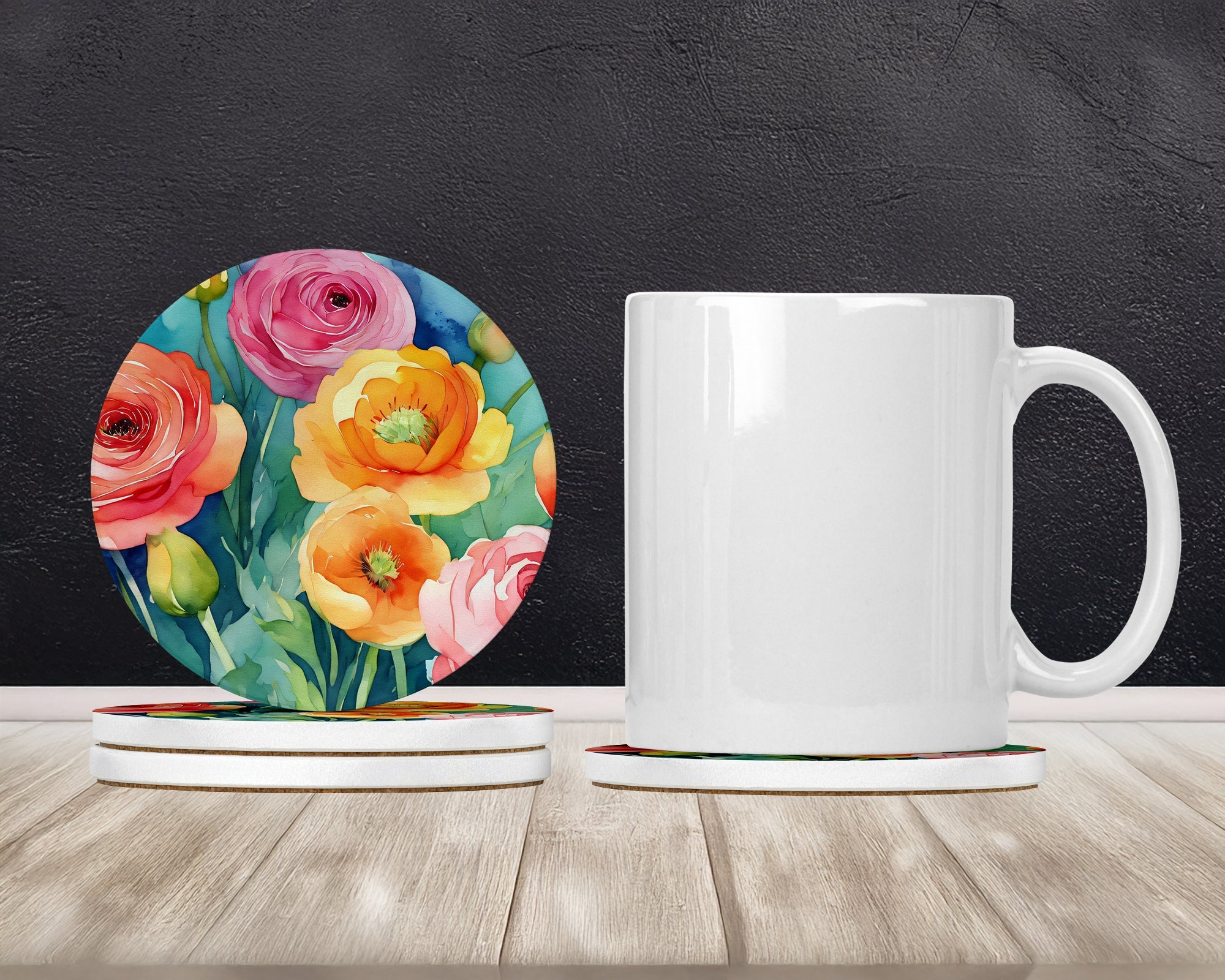 Ranunculus in Watercolor Large Sandstone Coasters Pack of 4 Absorbent Round Coasters Decor Gifts for Men or Women, 4 in, Multicolor