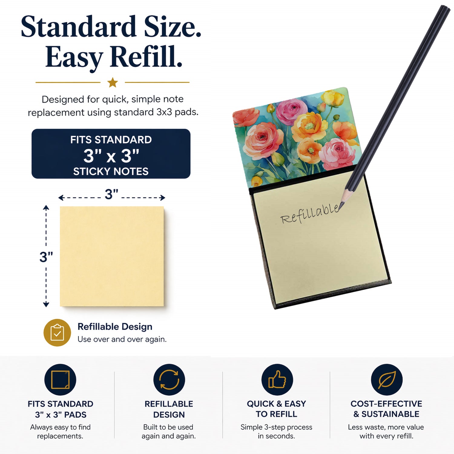 Ranunculus in Watercolor Watercolor Sticky Note Holder Refillable Dispenser Desk Accessory 3x3 Pad Gift