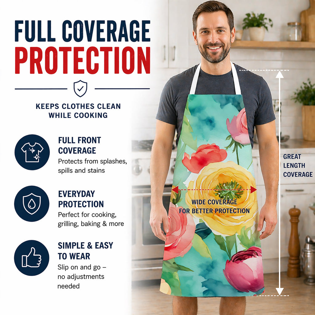 Ranunculus in Watercolor Apron Cooking Kitchen Server Baking Crafts Gardening for Adult Women Men, Unisex, Large, Multicolor