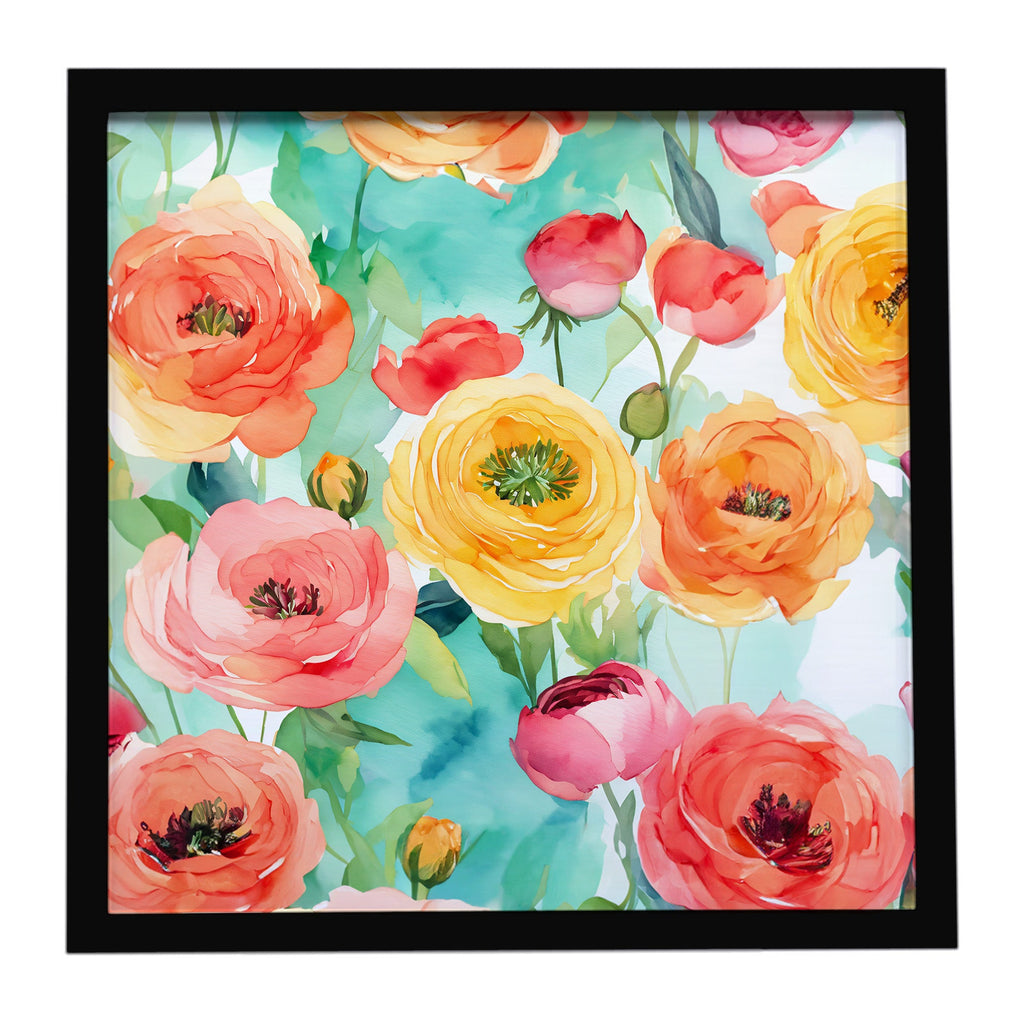 Ranunculus in Watercolor Framed Metal Print Bathroom, Kitchen, Office, Home Decor Wall Art Ready to Hang, Square, 8X8