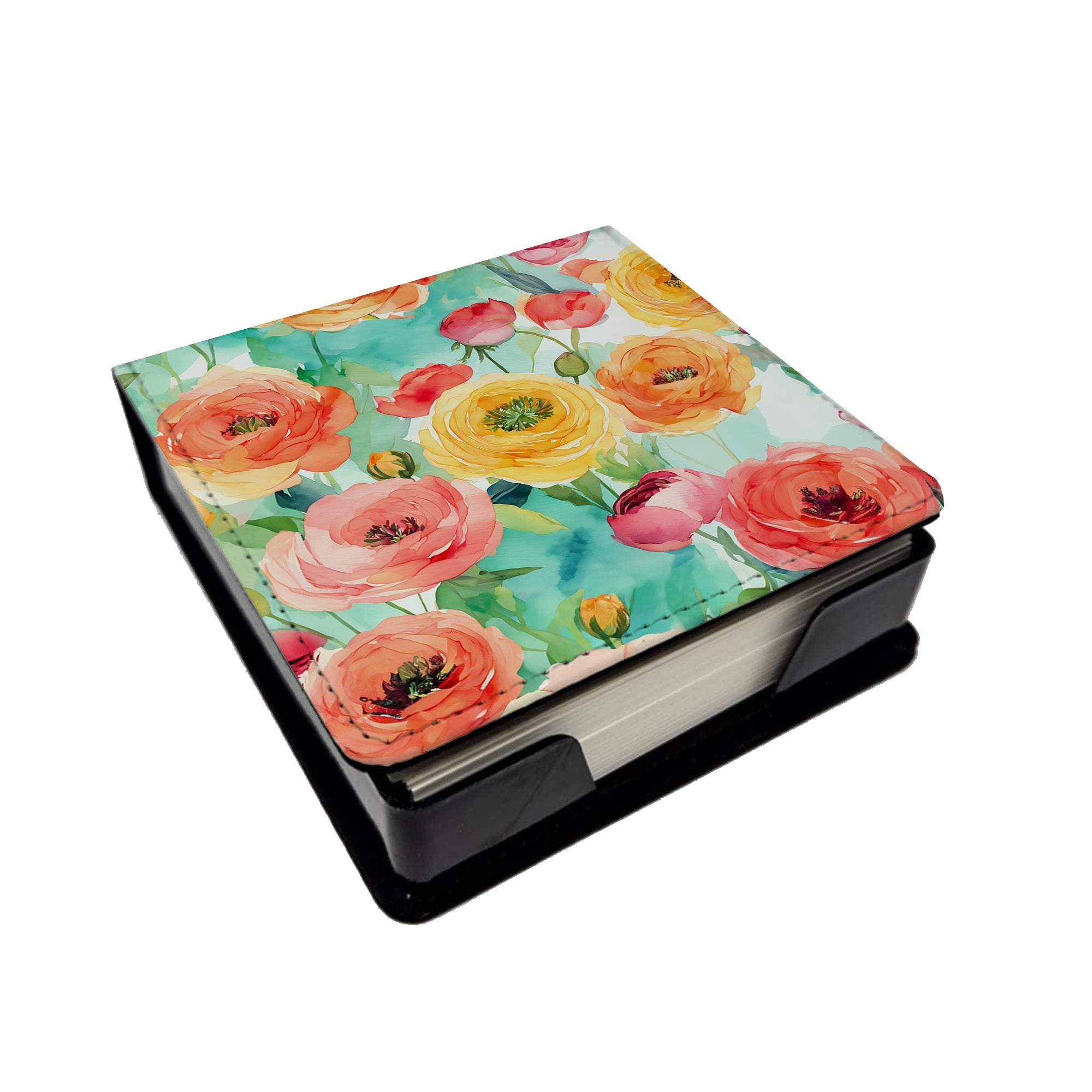 Ranunculus in Watercolor PU Leather Note Paper Holder with Artist-Designed Cover, Desk Accessory, Office Gift