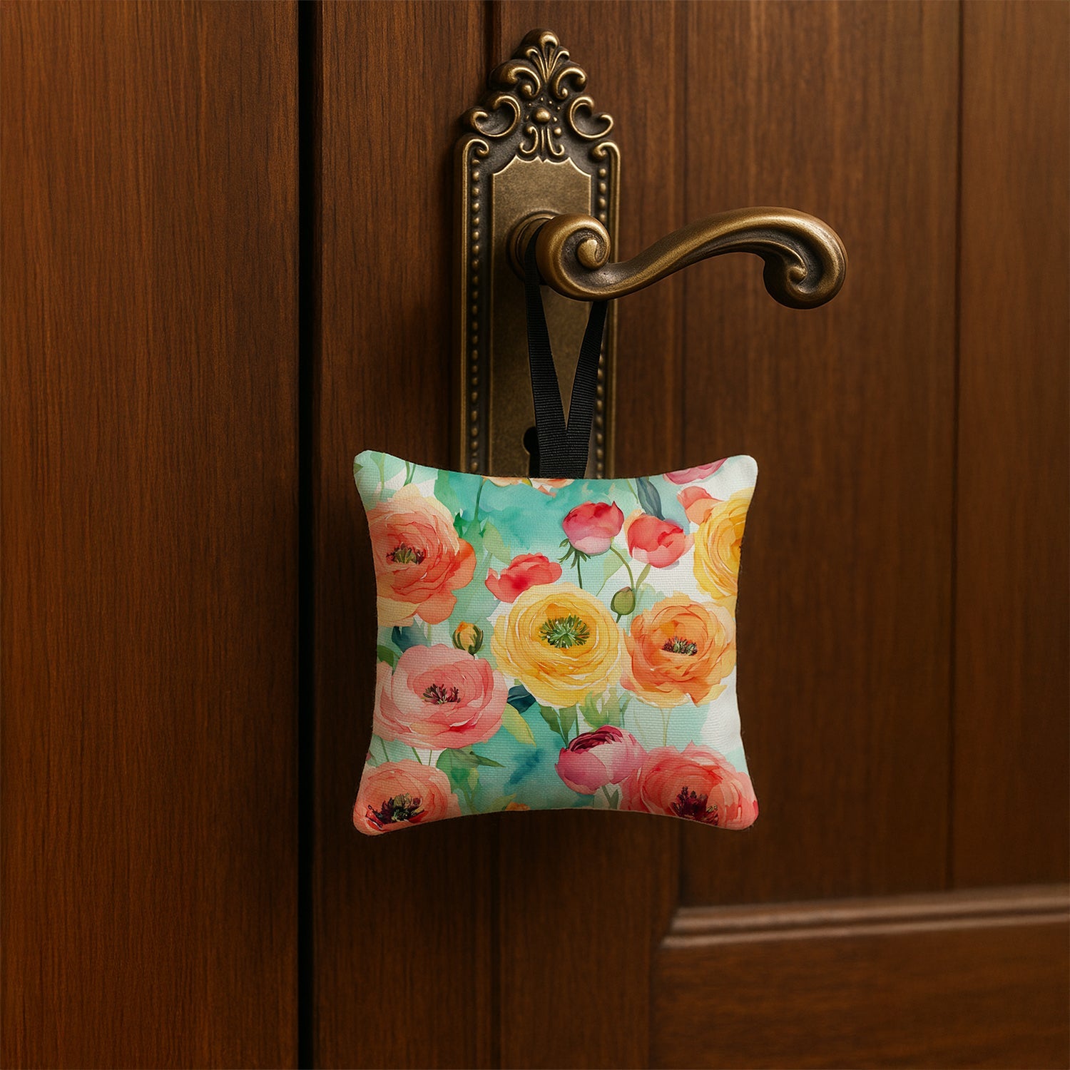 Ranunculus in Watercolor Hanging Square Fabric Ornament 3.5 × 3.5 Decorative Door-Knob & Tree Hanger, Soft Fabric
