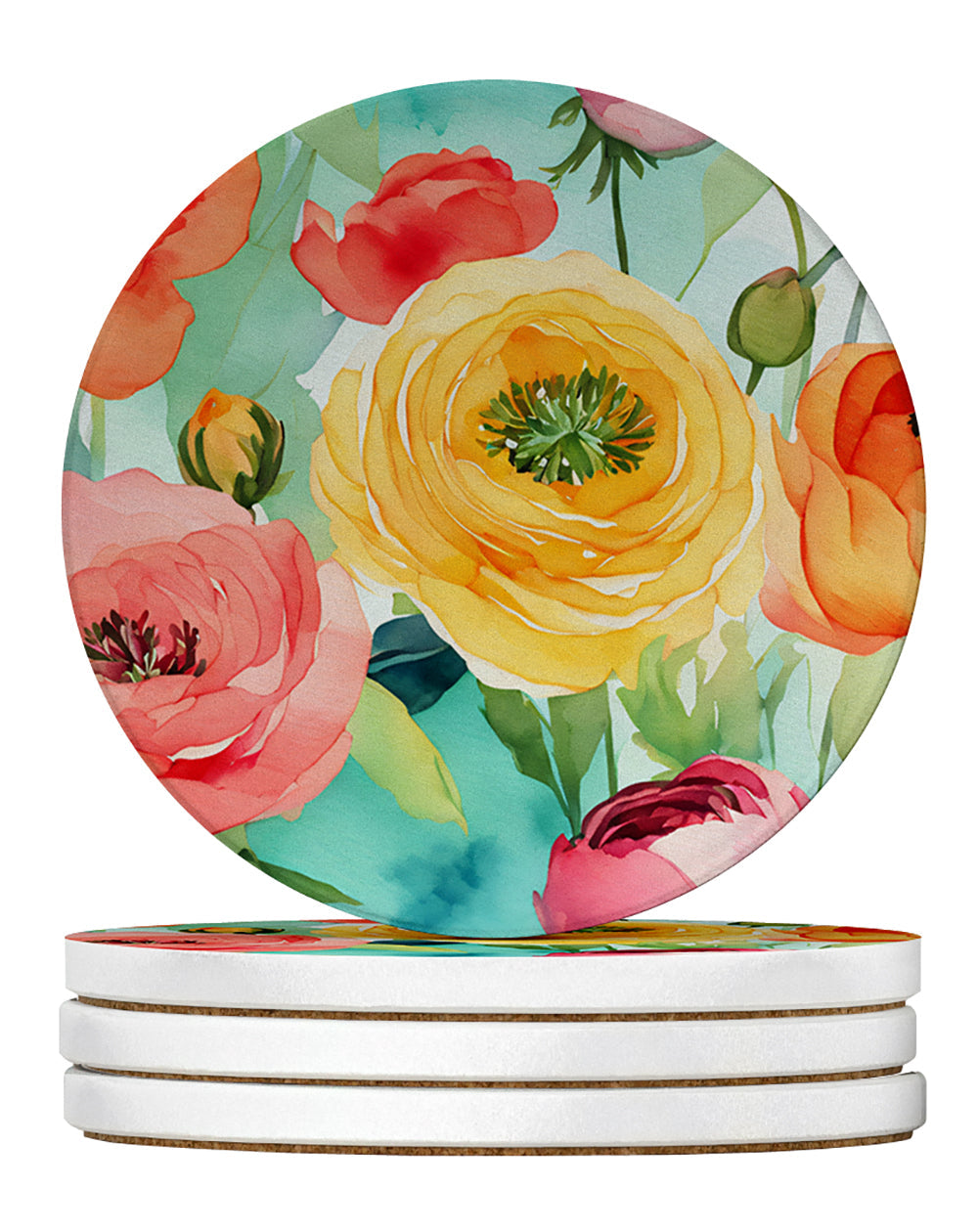Ranunculus in Watercolor Large Sandstone Coasters Pack of 4 Absorbent Round Coasters Decor Gifts for Men or Women, 4 in, Multicolor