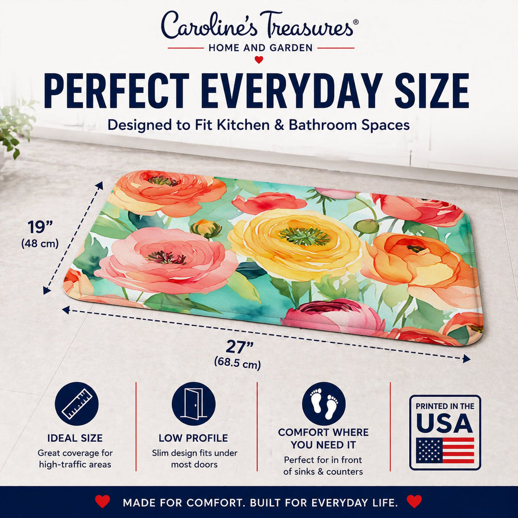 Ranunculus in Watercolor Memory Foam Kitchen Mat Machine Washable Anti-Fatigue Cushion Comfort Bath or Kitchen Rug