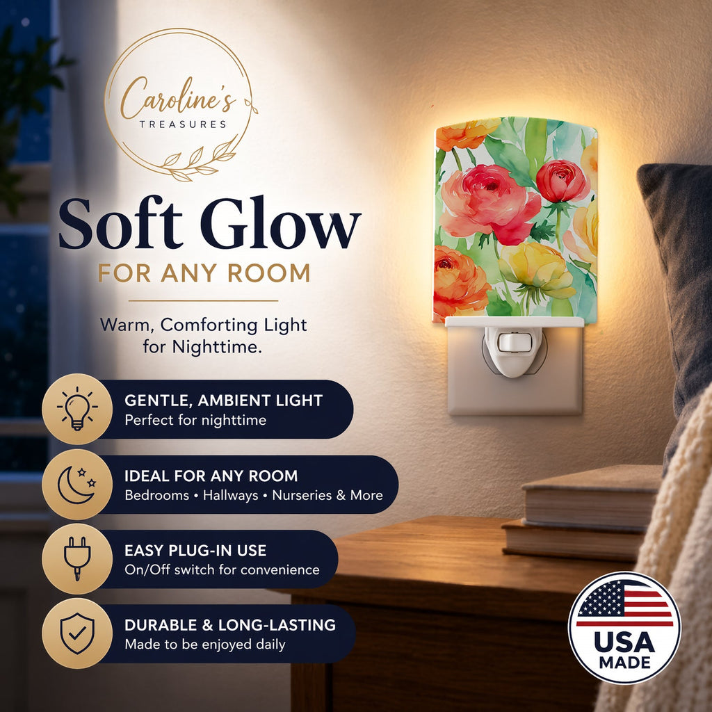 Ranunculus in Watercolor Ceramic Night Light Compact, UL-Certified, Ideal for Bedroom, Bathroom, Nursery, Hallway, Kitchen, 6x4x3, Multicolor