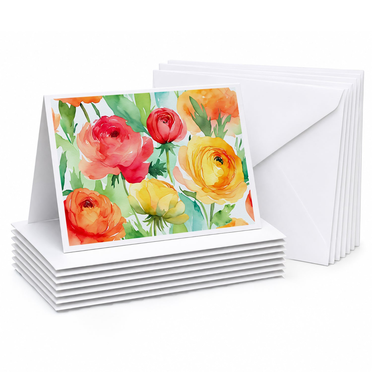 Ranunculus in Watercolor Greeting Cards Pack of 8 Blank Cards with Envelopes Whimsical A7 Size 5x7