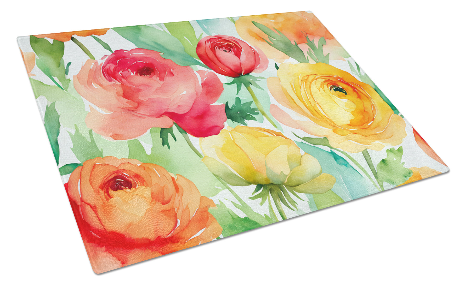 Ranunculus in Watercolor Cutting Board Tempered Glass Kitchen Cutting Surface, Heat Resistant Chopping, Non-Slip Feet, Food Prep & Serving