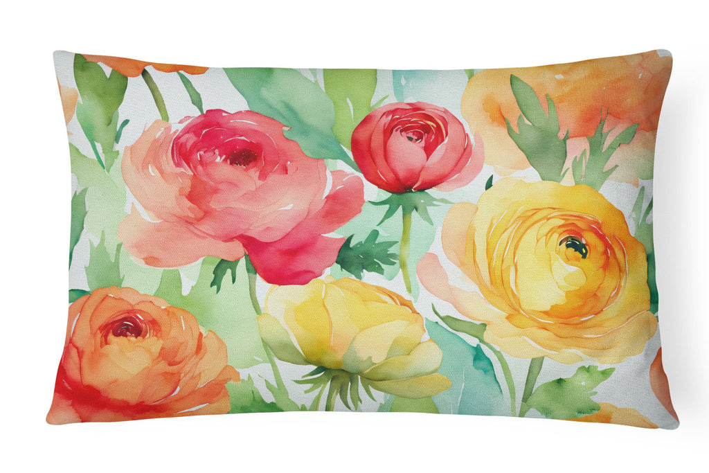 Ranunculus in Watercolor Decorative Throw Pillow 12x16 Indoor Outdoor Accent Cushion, Fabric Cover with Insert for Sofa, Bed, Porch & Living Room