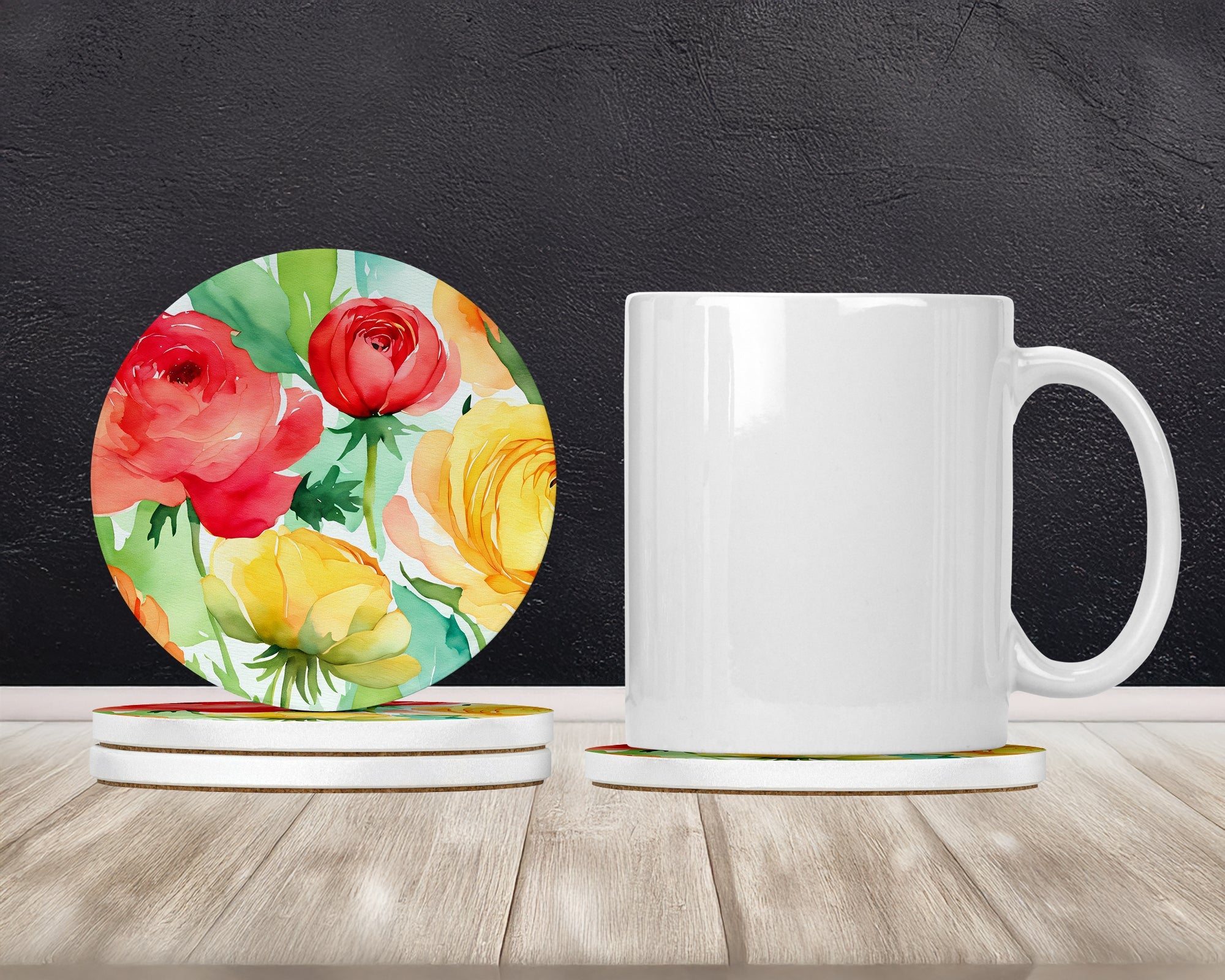 Ranunculus in Watercolor Large Sandstone Coasters Pack of 4 Absorbent Round Coasters Decor Gifts for Men or Women, 4 in, Multicolor
