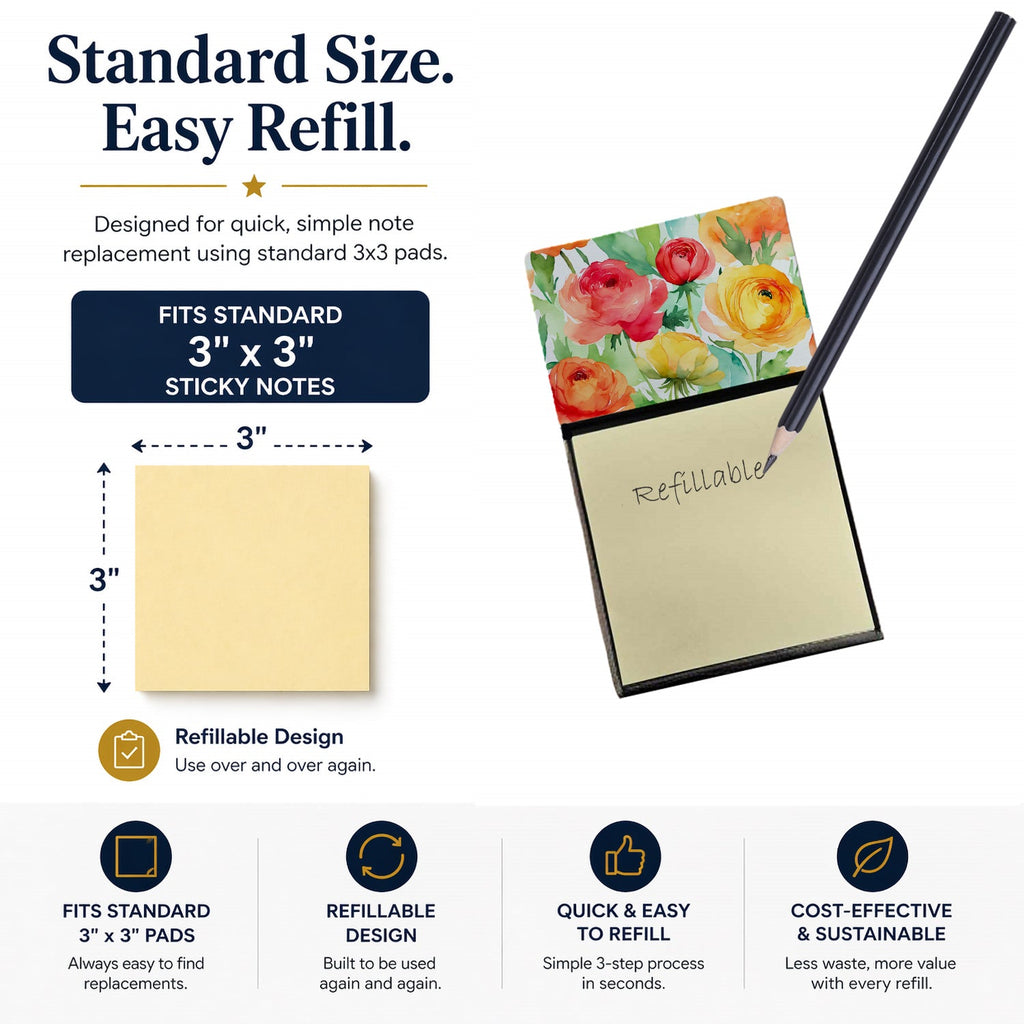 Ranunculus in Watercolor Watercolor Sticky Note Holder Refillable Dispenser Desk Accessory 3x3 Pad Gift