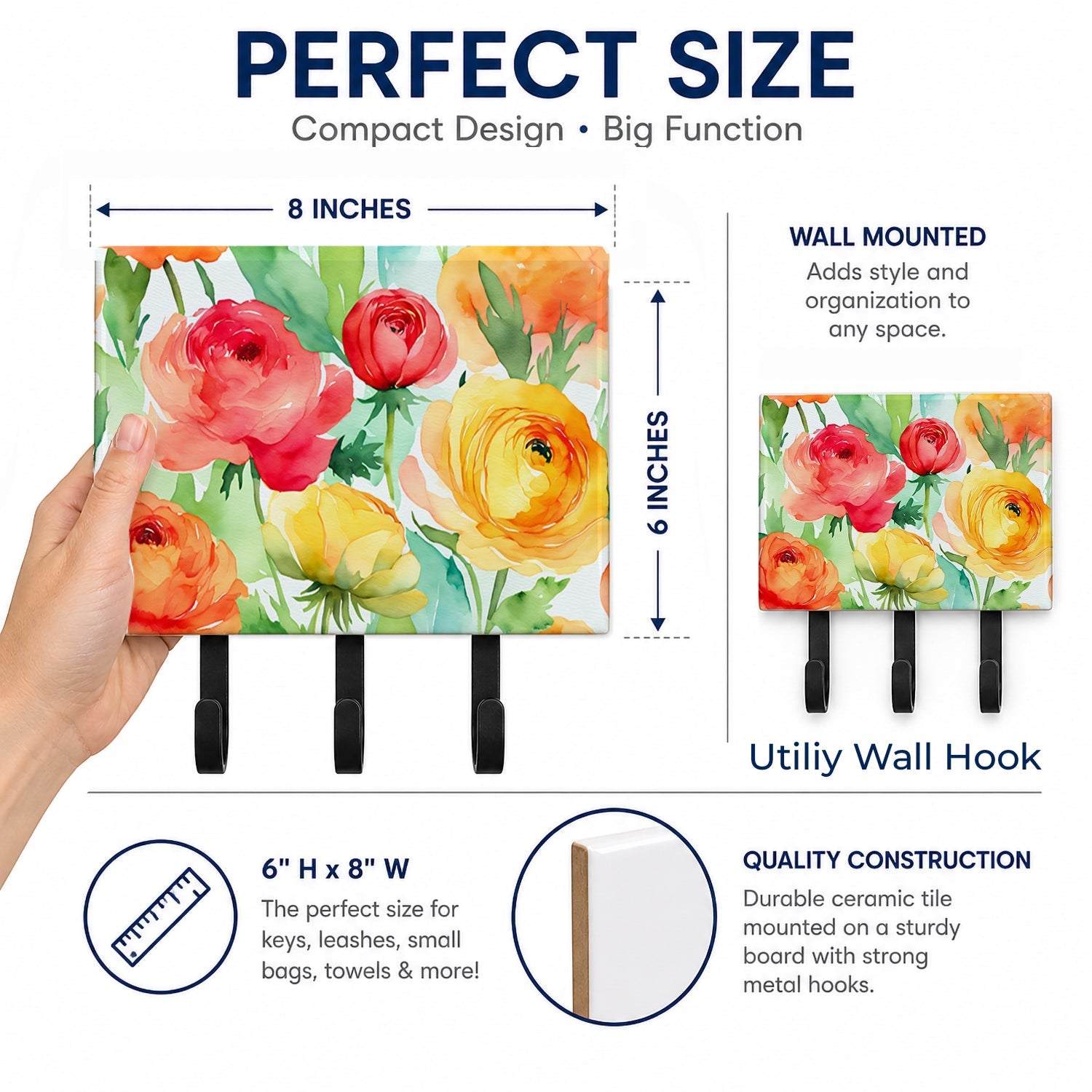 Ranunculus in Watercolor Leash or Key Holder Wall Hooks, Coat Rack Wall Mount, for Hanging Keys, Towels, Aprons, Leashes