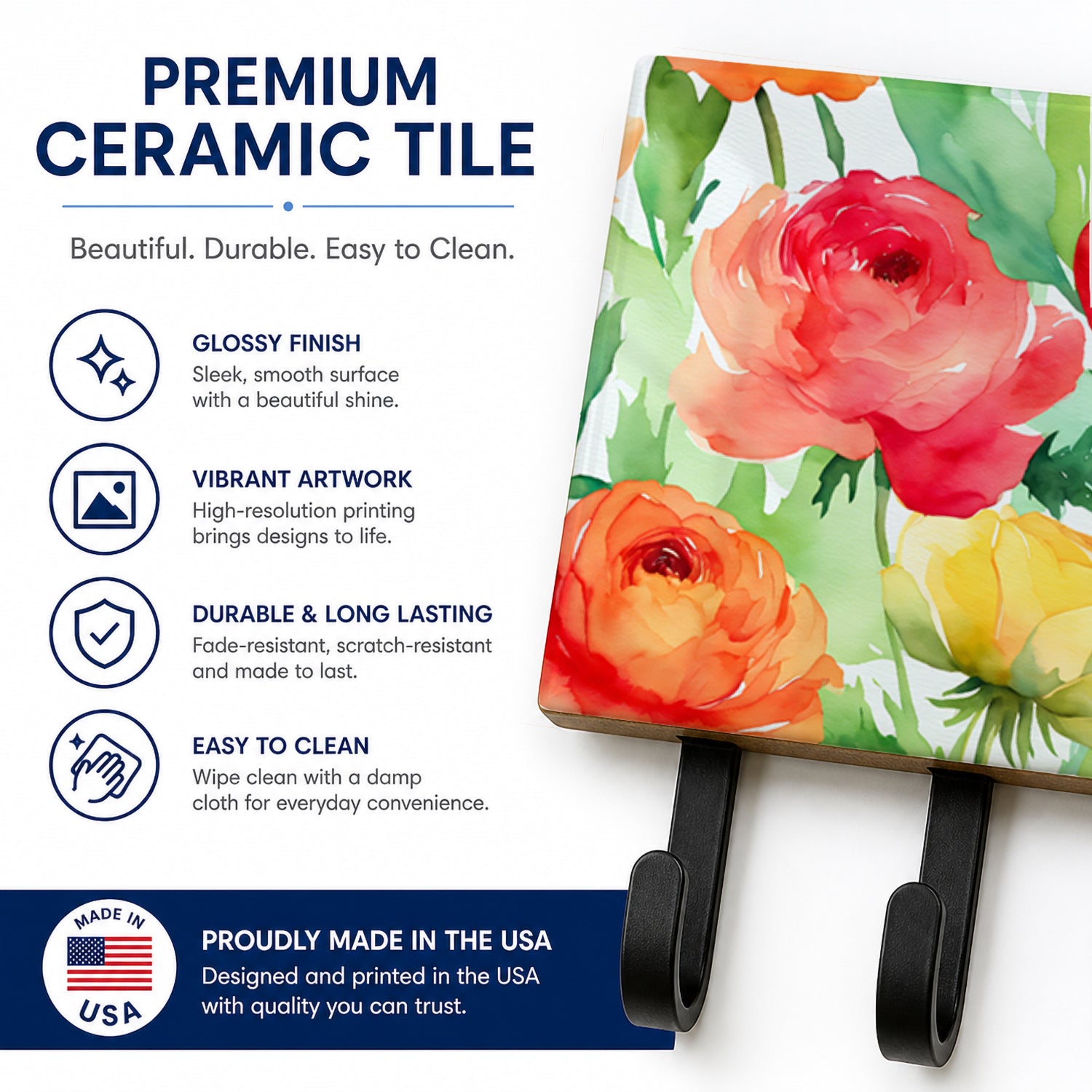 Ranunculus in Watercolor Leash or Key Holder Wall Hooks, Coat Rack Wall Mount, for Hanging Keys, Towels, Aprons, Leashes
