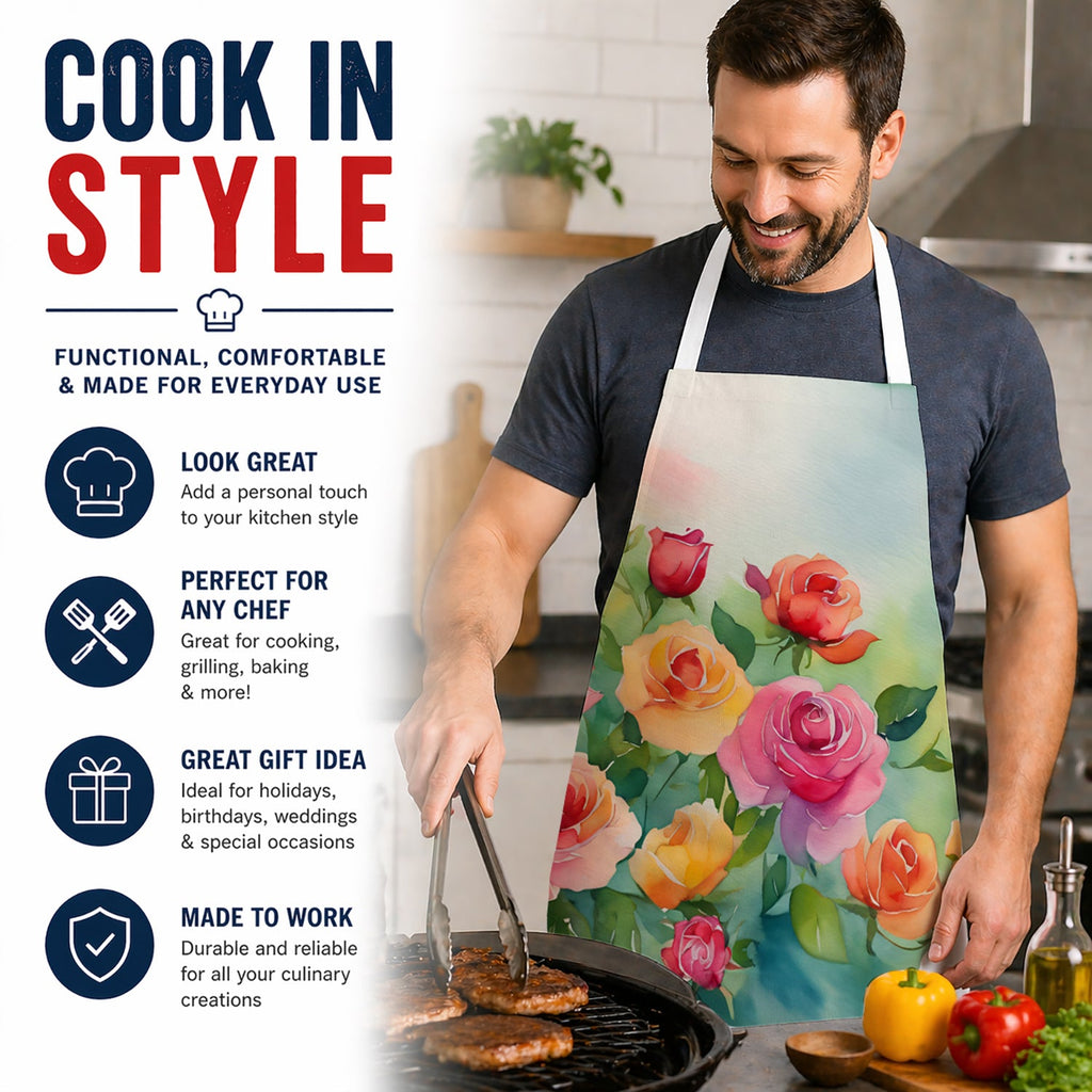 Roses in Watercolor Apron Cooking Kitchen Server Baking Crafts Gardening for Adult Women Men, Unisex, Large, Multicolor