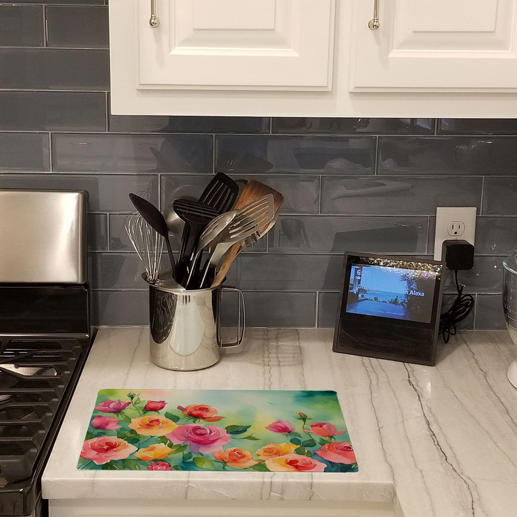 Roses in Watercolor Cutting Board Tempered Glass Kitchen Cutting Surface, Heat Resistant Chopping, Non-Slip Feet, Food Prep & Serving