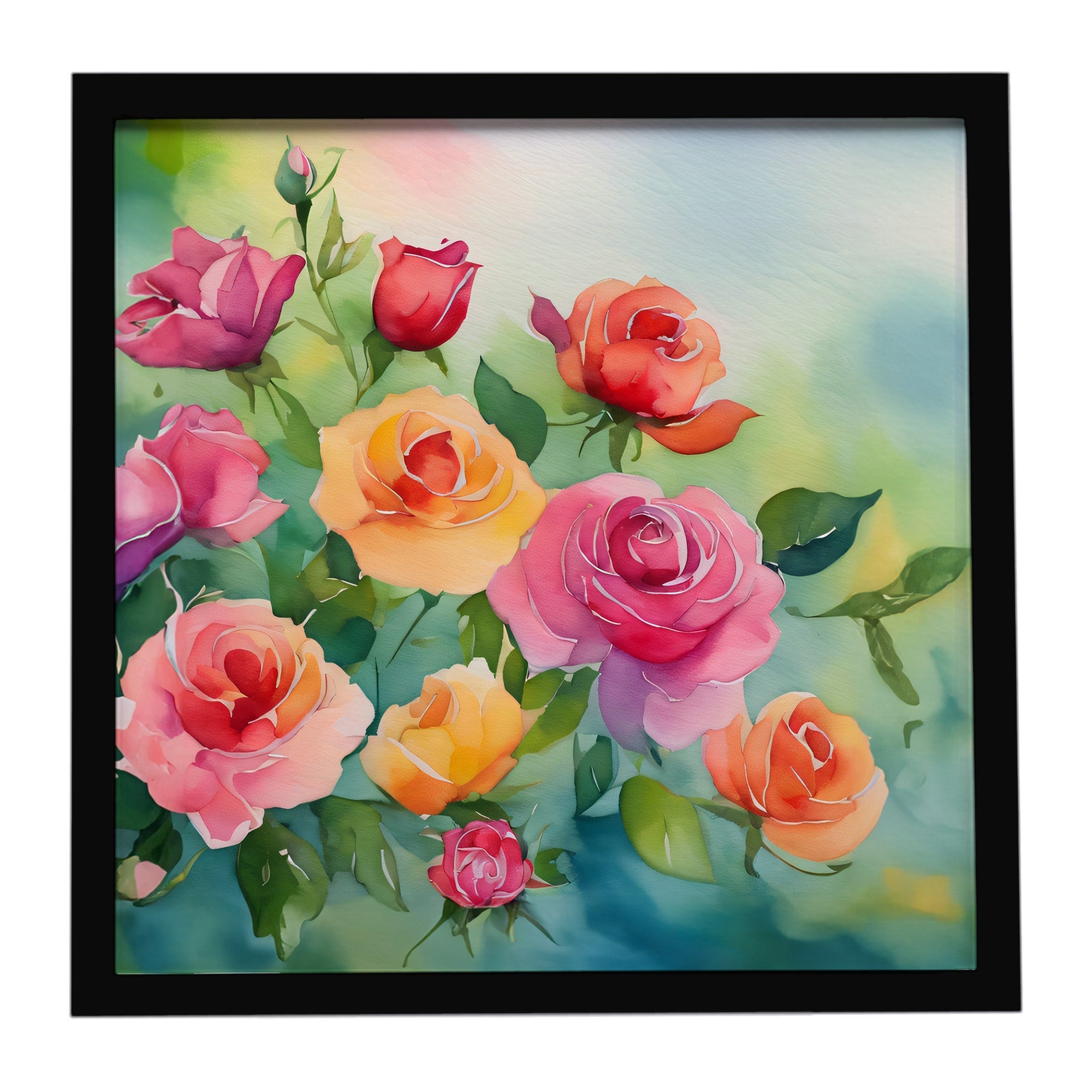 Roses in Watercolor Framed Metal Print Bathroom, Kitchen, Office, Home Decor Wall Art Ready to Hang, Square, 8X8