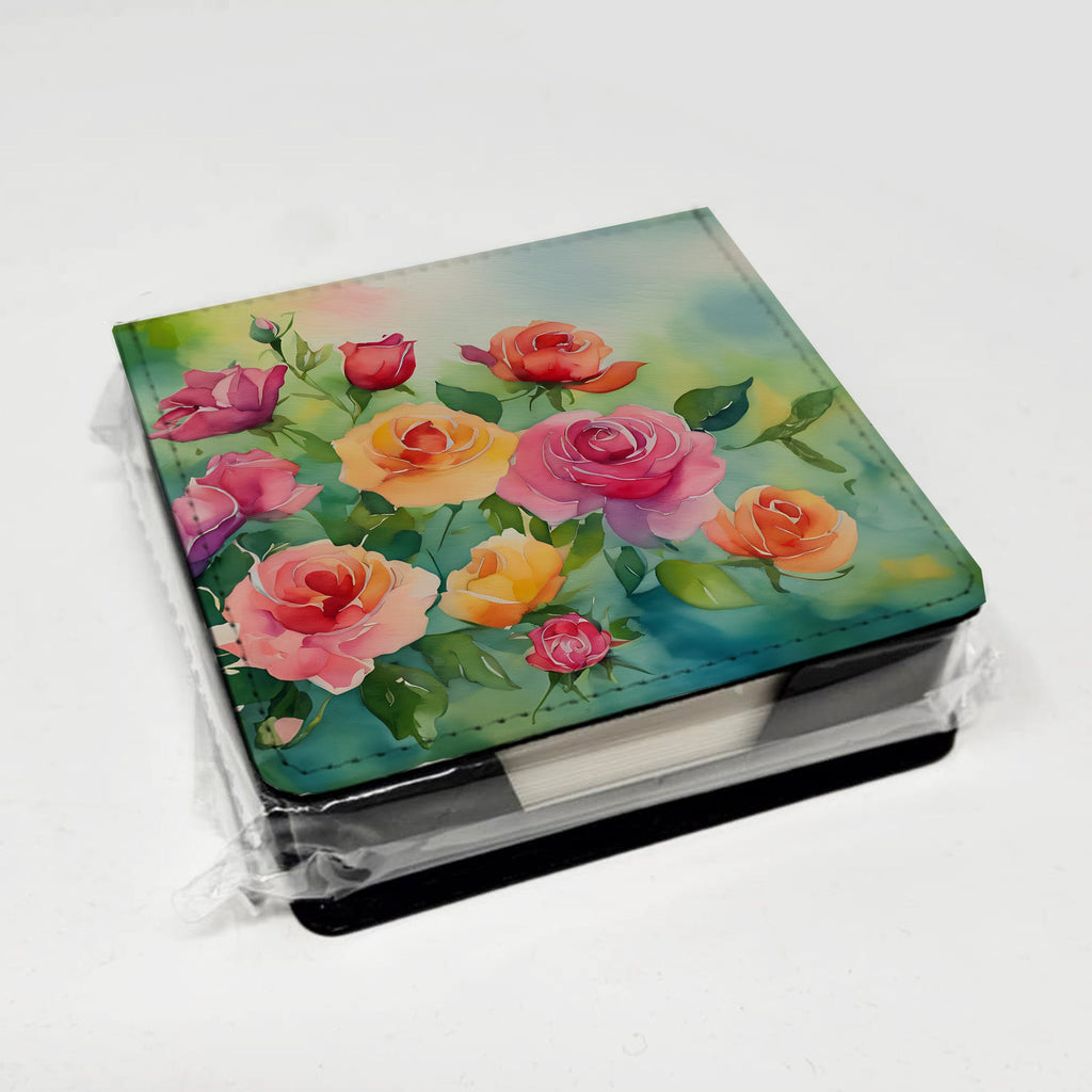 Roses in Watercolor PU Leather Note Paper Holder with Artist-Designed Cover, Desk Accessory, Office Gift
