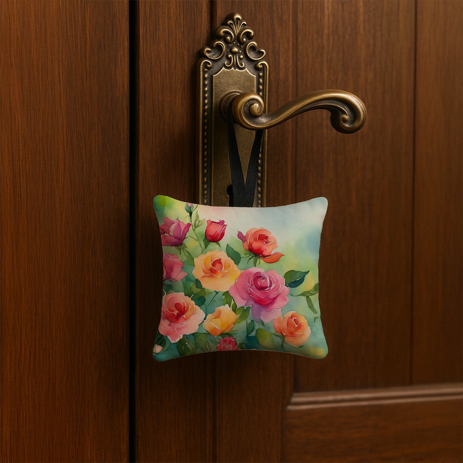 Roses in Watercolor Hanging Square Fabric Ornament 3.5 × 3.5 Decorative Door-Knob & Tree Hanger, Soft Fabric