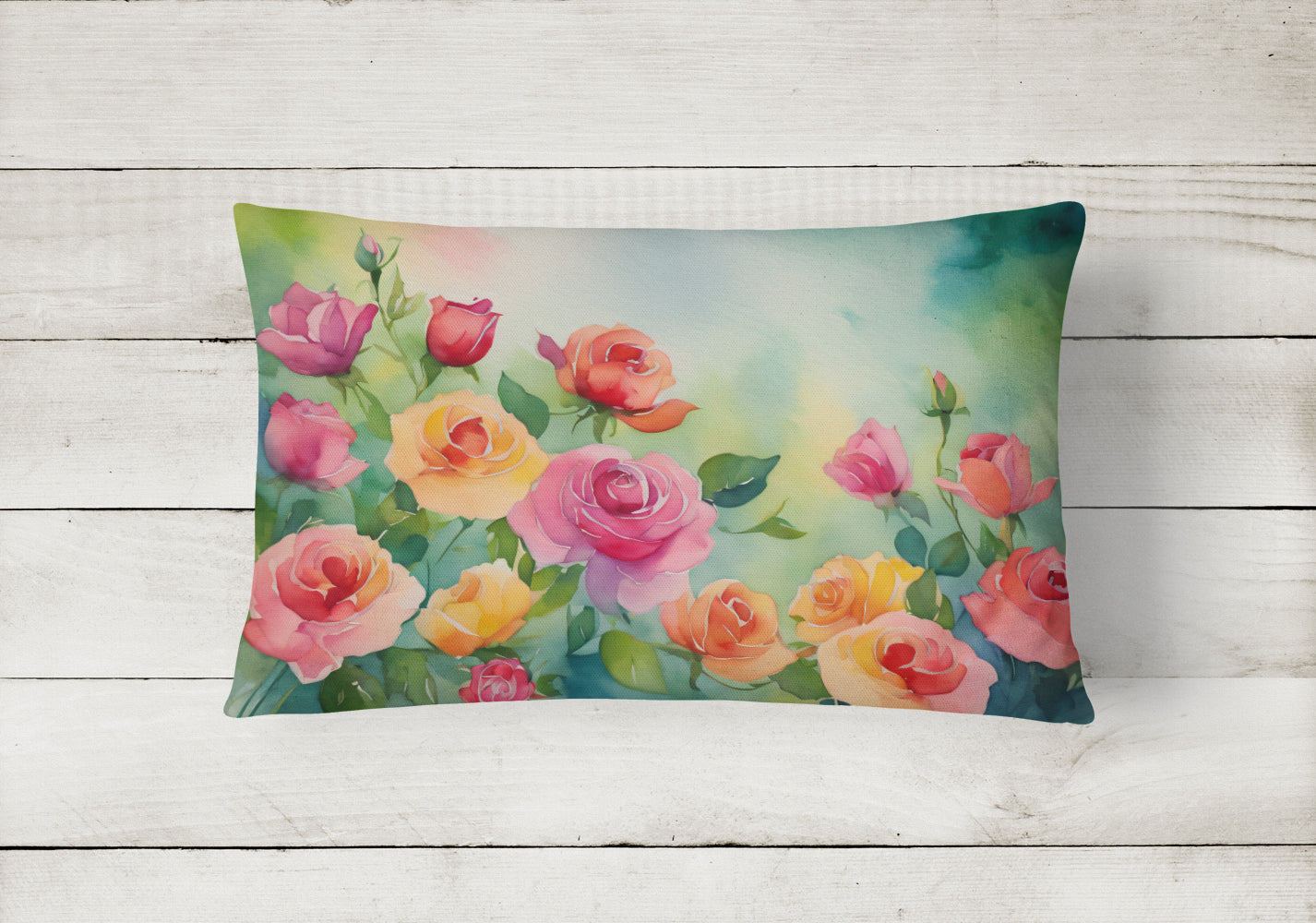 Roses in Watercolor Decorative Throw Pillow 12x16 Indoor Outdoor Accent Cushion, Fabric Cover with Insert for Sofa, Bed, Porch & Living Room