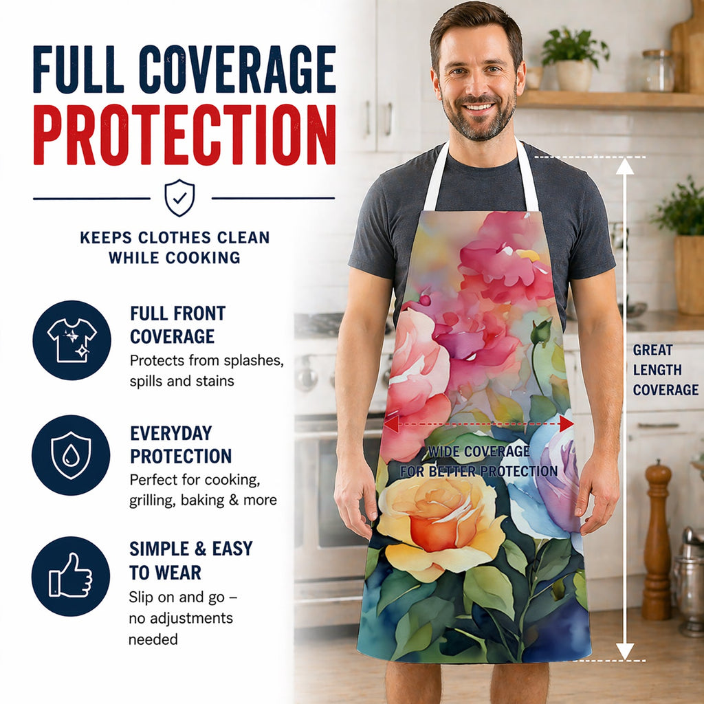 Roses in Watercolor Apron Cooking Kitchen Server Baking Crafts Gardening for Adult Women Men, Unisex, Large, Multicolor