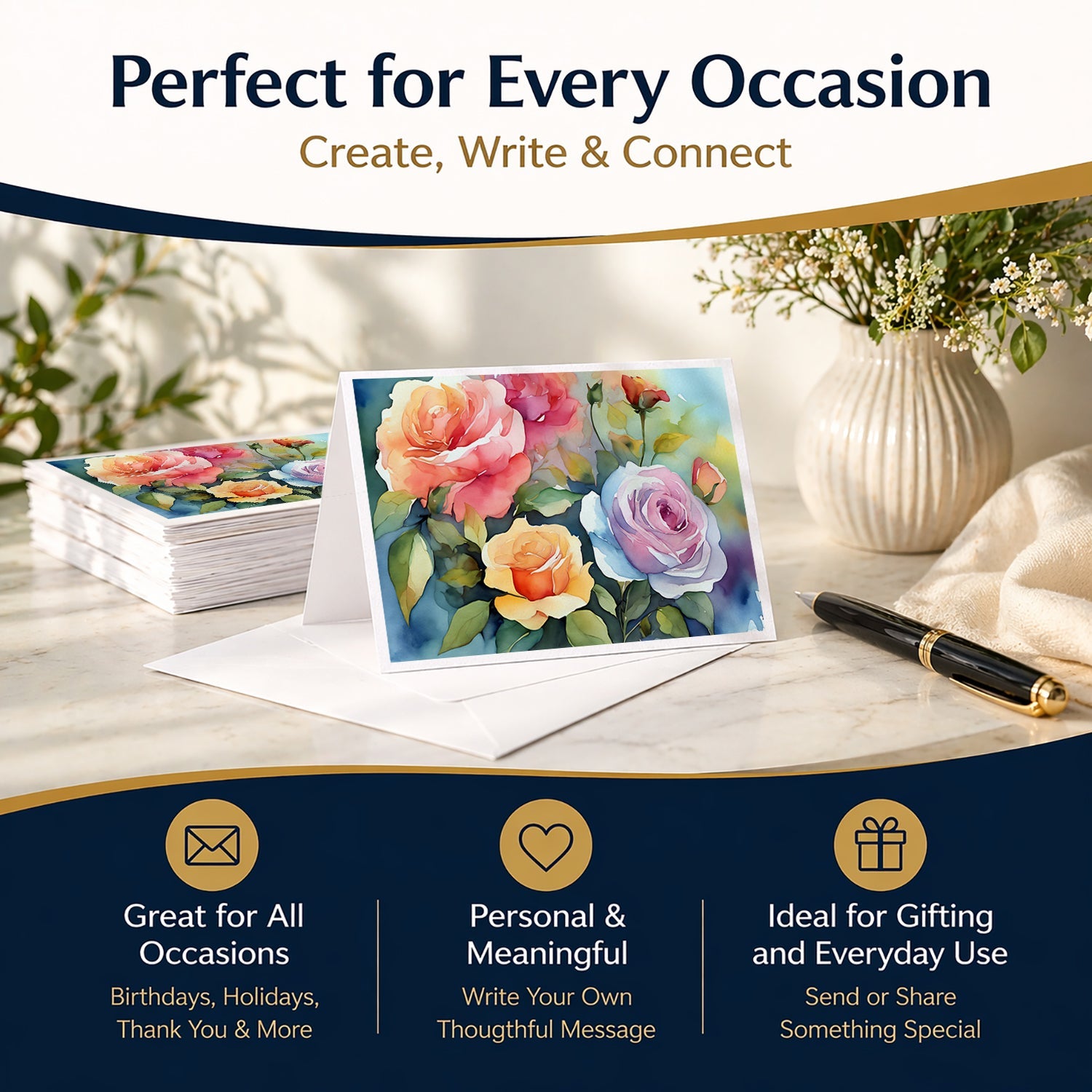 Roses in Watercolor Greeting Cards Pack of 8 Blank Cards with Envelopes Whimsical A7 Size 5x7