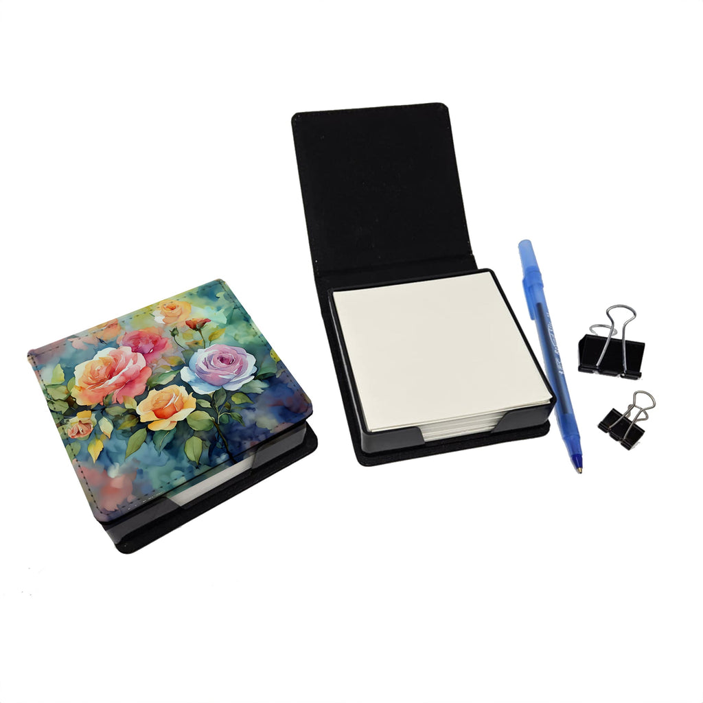 Roses in Watercolor PU Leather Note Paper Holder with Artist-Designed Cover, Desk Accessory, Office Gift