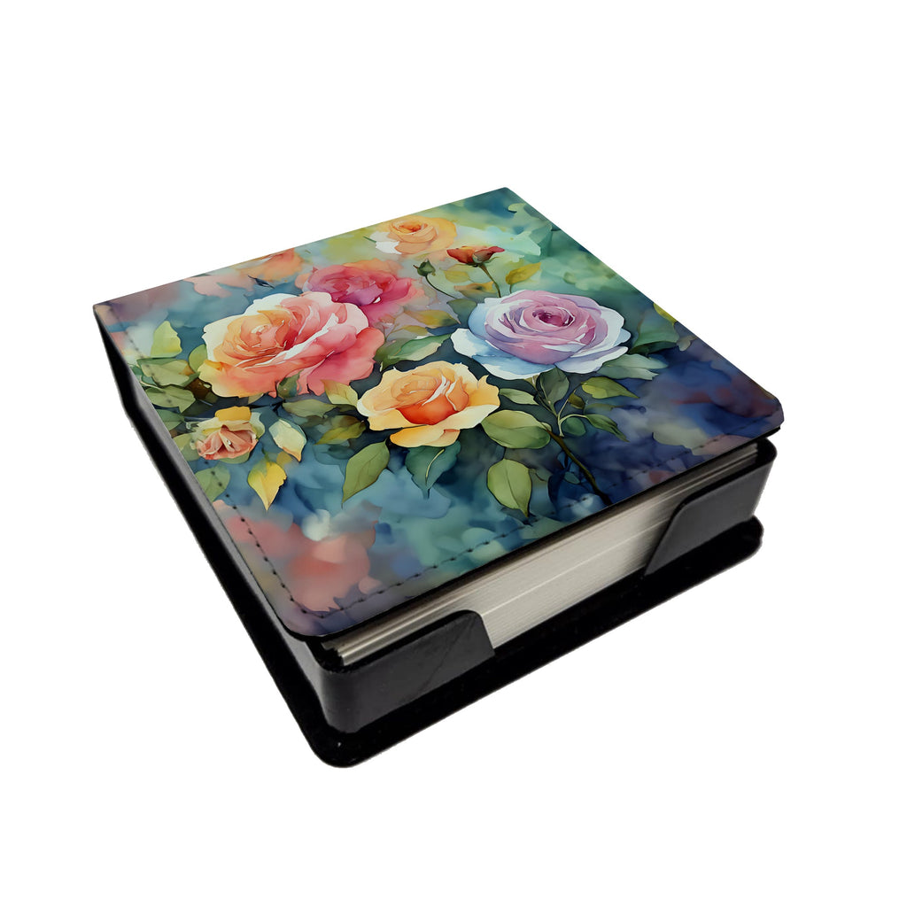 Roses in Watercolor PU Leather Note Paper Holder with Artist-Designed Cover, Desk Accessory, Office Gift