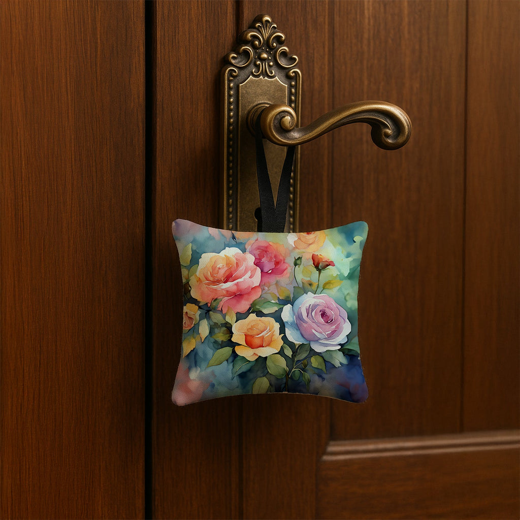 Roses in Watercolor Hanging Square Fabric Ornament 3.5 × 3.5 Decorative Door-Knob & Tree Hanger, Soft Fabric