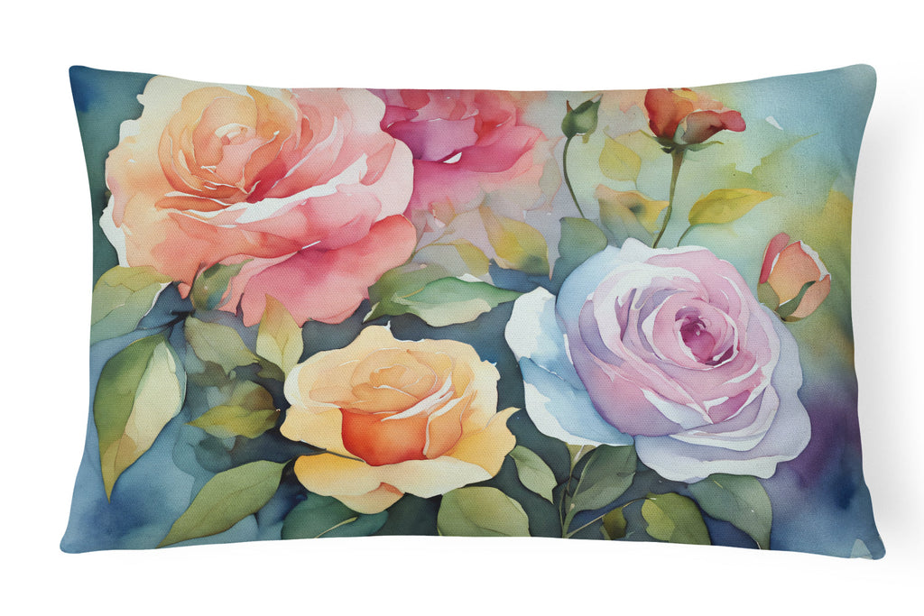 Roses in Watercolor Decorative Throw Pillow 12x16 Indoor Outdoor Accent Cushion, Fabric Cover with Insert for Sofa, Bed, Porch & Living Room