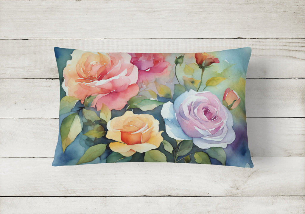 Roses in Watercolor Decorative Throw Pillow 12x16 Indoor Outdoor Accent Cushion, Fabric Cover with Insert for Sofa, Bed, Porch & Living Room
