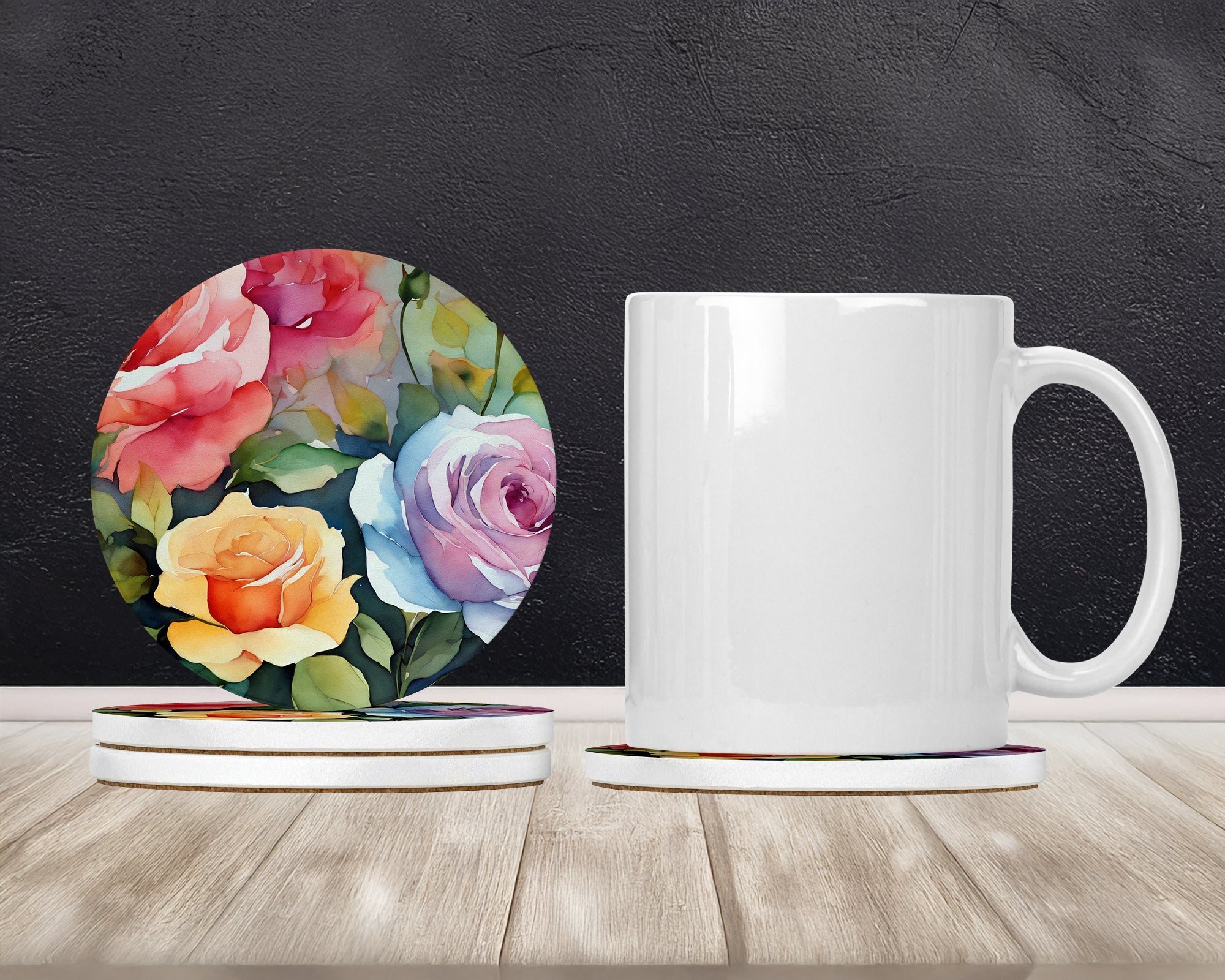 Roses in Watercolor Large Sandstone Coasters Pack of 4 Absorbent Round Coasters Decor Gifts for Men or Women, 4 in, Multicolor