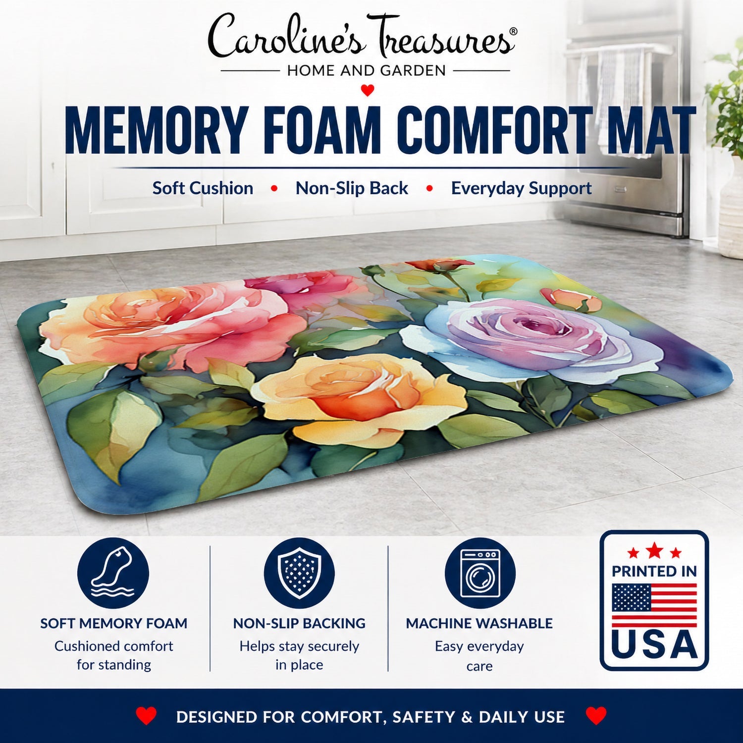 Roses in Watercolor Memory Foam Kitchen Mat Machine Washable Anti-Fatigue Cushion Comfort Bath or Kitchen Rug