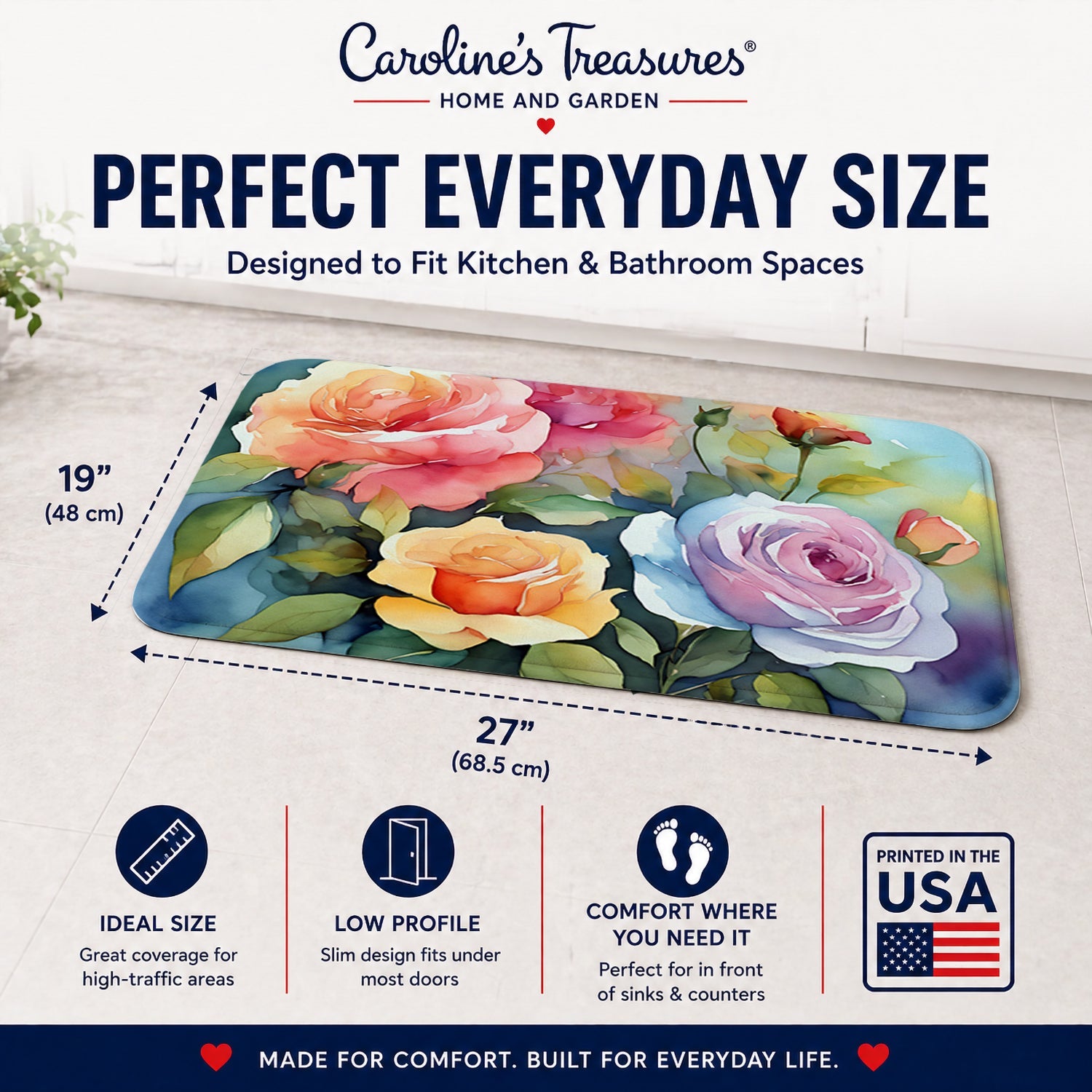 Roses in Watercolor Memory Foam Kitchen Mat Machine Washable Anti-Fatigue Cushion Comfort Bath or Kitchen Rug