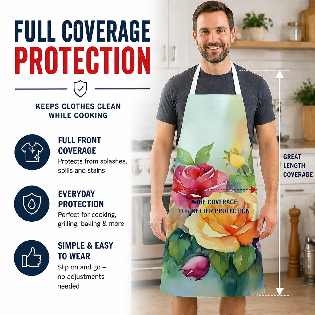 Roses in Watercolor Apron Cooking Kitchen Server Baking Crafts Gardening for Adult Women Men, Unisex, Large, Multicolor
