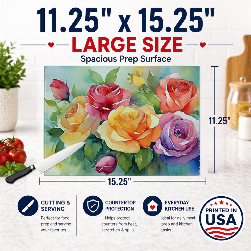 Roses in Watercolor Cutting Board Tempered Glass Kitchen Cutting Surface, Heat Resistant Chopping, Non-Slip Feet, Food Prep & Serving