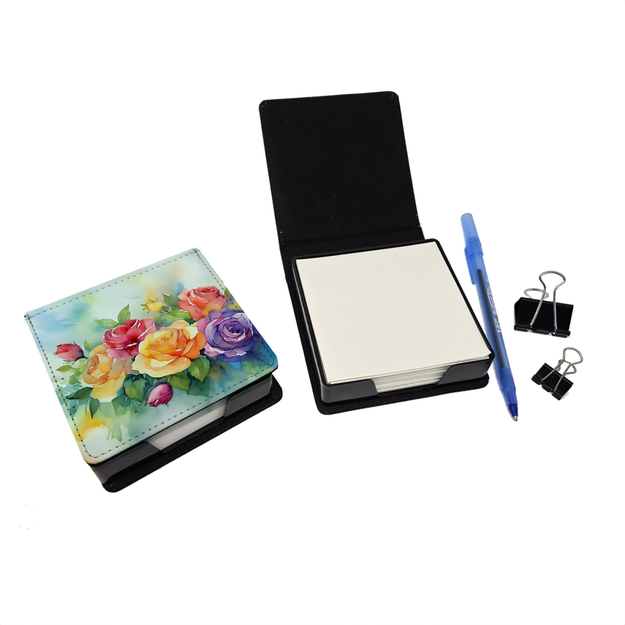 Roses in Watercolor PU Leather Note Paper Holder with Artist-Designed Cover, Desk Accessory, Office Gift