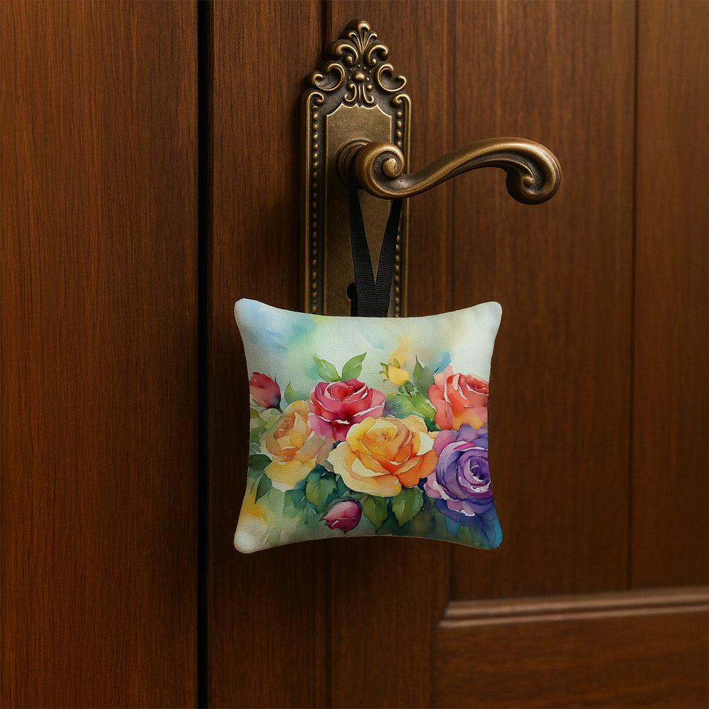 Roses in Watercolor Hanging Square Fabric Ornament 3.5 × 3.5 Decorative Door-Knob & Tree Hanger, Soft Fabric