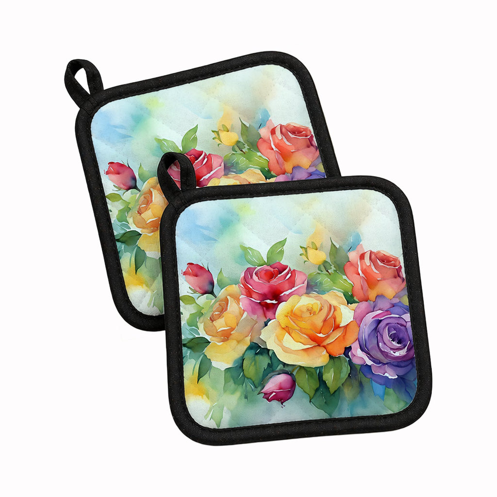 Roses in Watercolor Pot Holder Set of 2 Heat Resistant Quilted Hot Pads 7.5 x 7.5 Inch, Insulated Kitchen Trivets for Cooking & Baking
