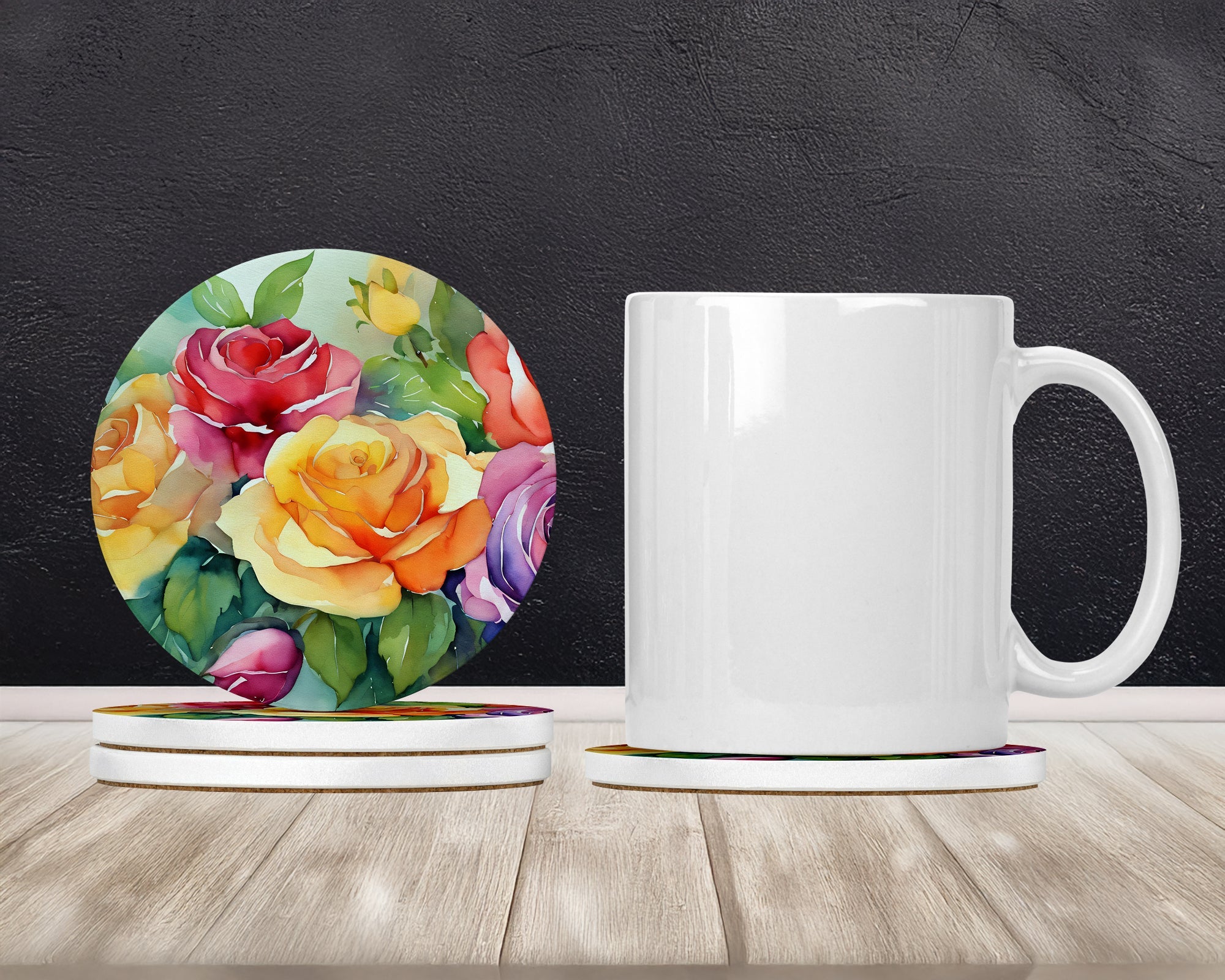 Roses in Watercolor Large Sandstone Coasters Pack of 4 Absorbent Round Coasters Decor Gifts for Men or Women, 4 in, Multicolor