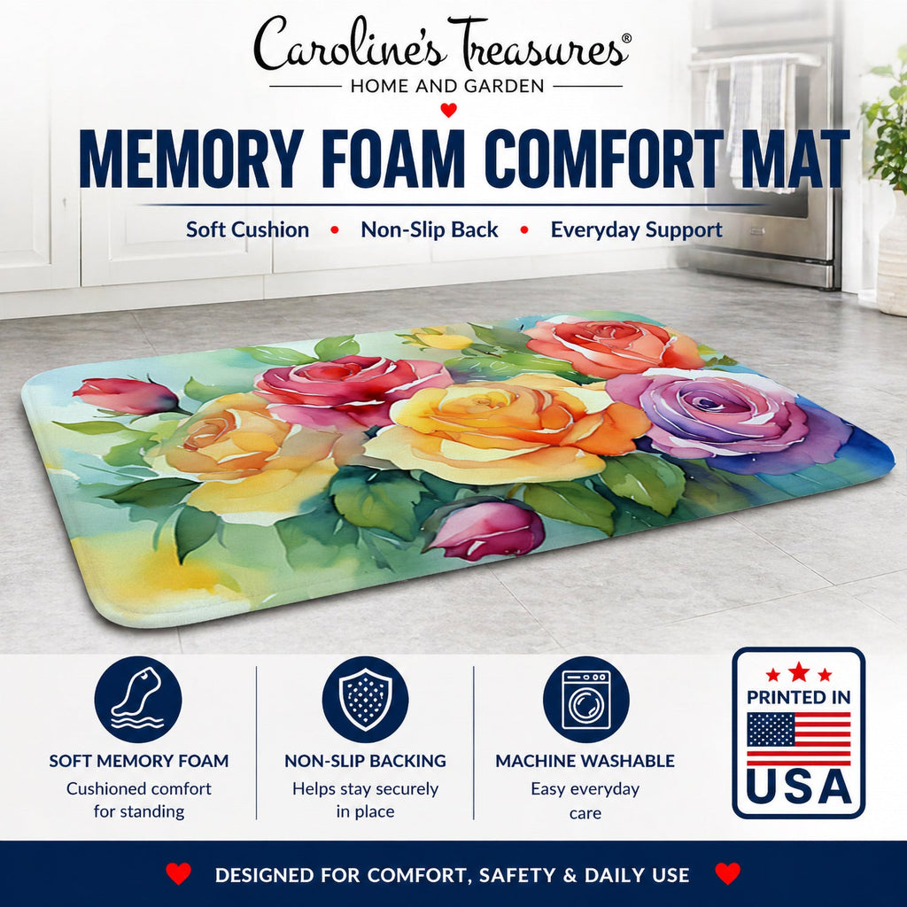 Roses in Watercolor Memory Foam Kitchen Mat Machine Washable Anti-Fatigue Cushion Comfort Bath or Kitchen Rug