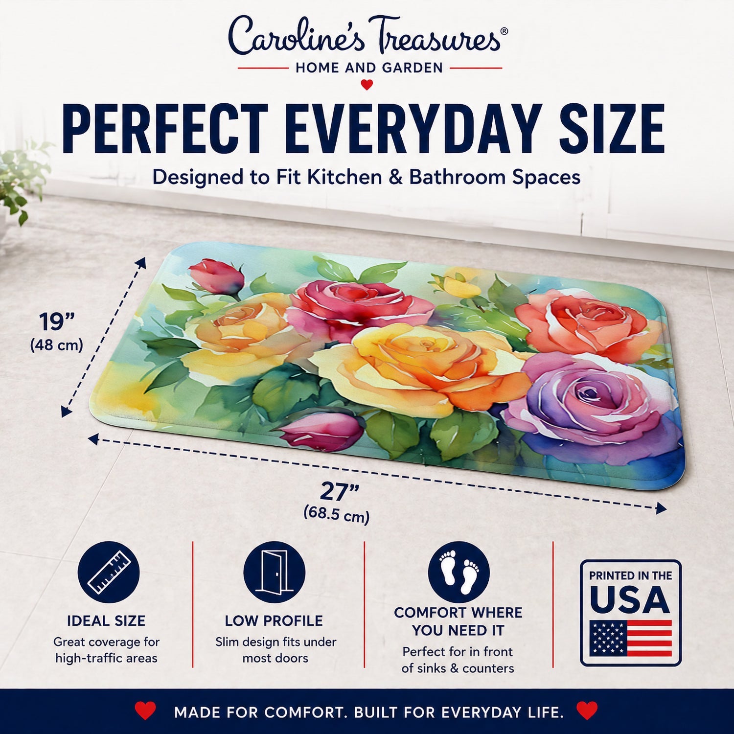 Roses in Watercolor Memory Foam Kitchen Mat Machine Washable Anti-Fatigue Cushion Comfort Bath or Kitchen Rug