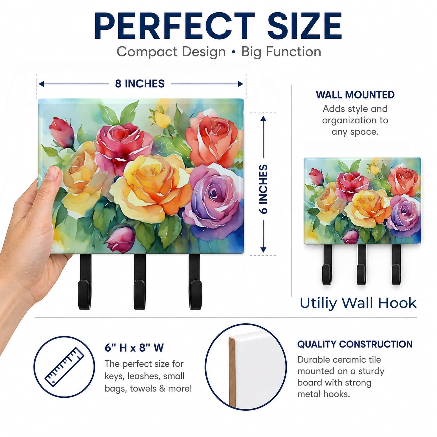 Roses in Watercolor Leash or Key Holder Wall Hooks, Coat Rack Wall Mount, for Hanging Keys, Towels, Aprons, Leashes