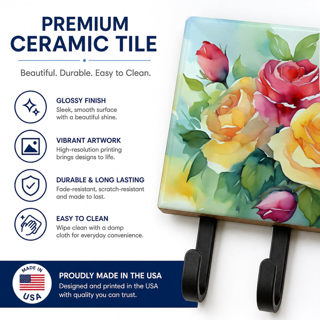 Roses in Watercolor Leash or Key Holder Wall Hooks, Coat Rack Wall Mount, for Hanging Keys, Towels, Aprons, Leashes