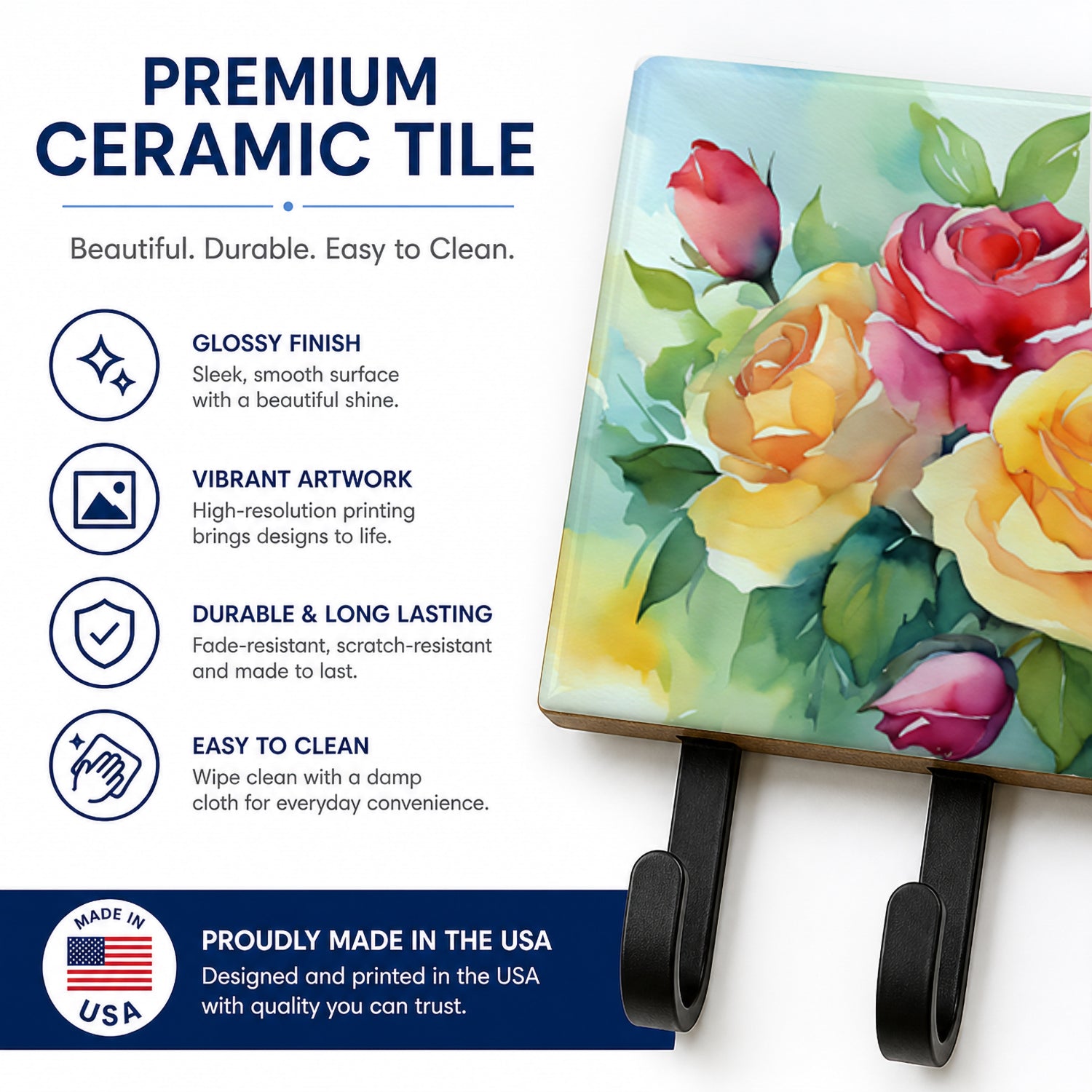 Roses in Watercolor Leash or Key Holder Wall Hooks, Coat Rack Wall Mount, for Hanging Keys, Towels, Aprons, Leashes
