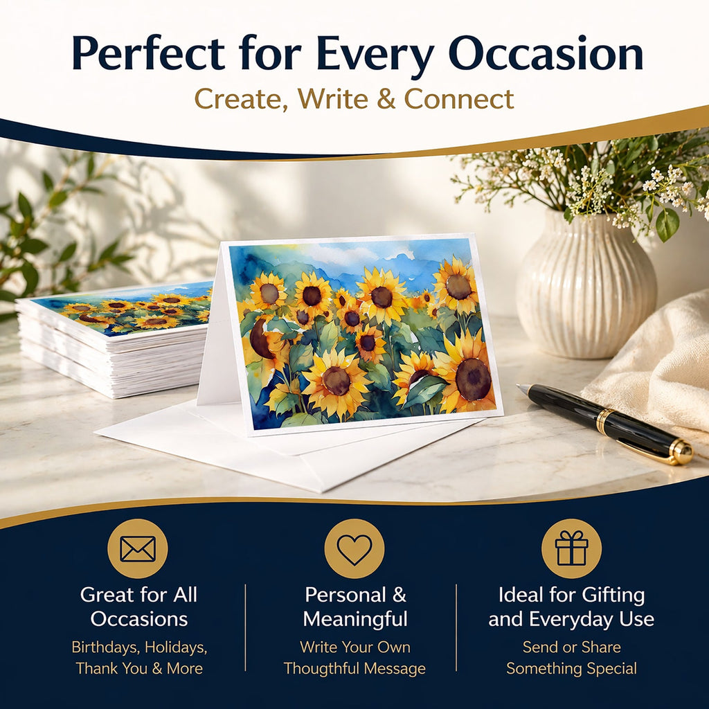 Sunflowers in Watercolor Greeting Cards Pack of 8 Blank Cards with Envelopes Whimsical A7 Size 5x7