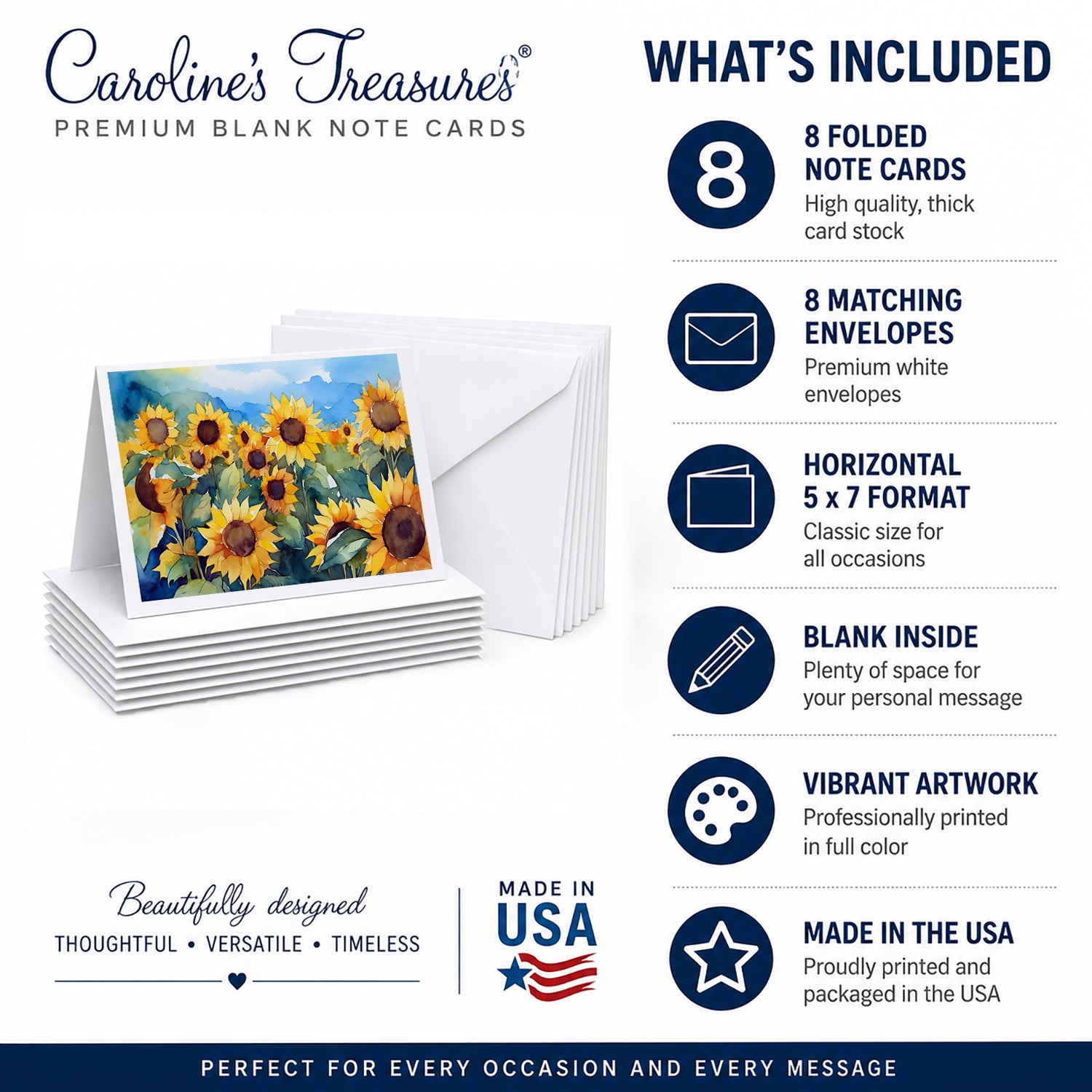 Sunflowers in Watercolor Greeting Cards Pack of 8 Blank Cards with Envelopes Whimsical A7 Size 5x7