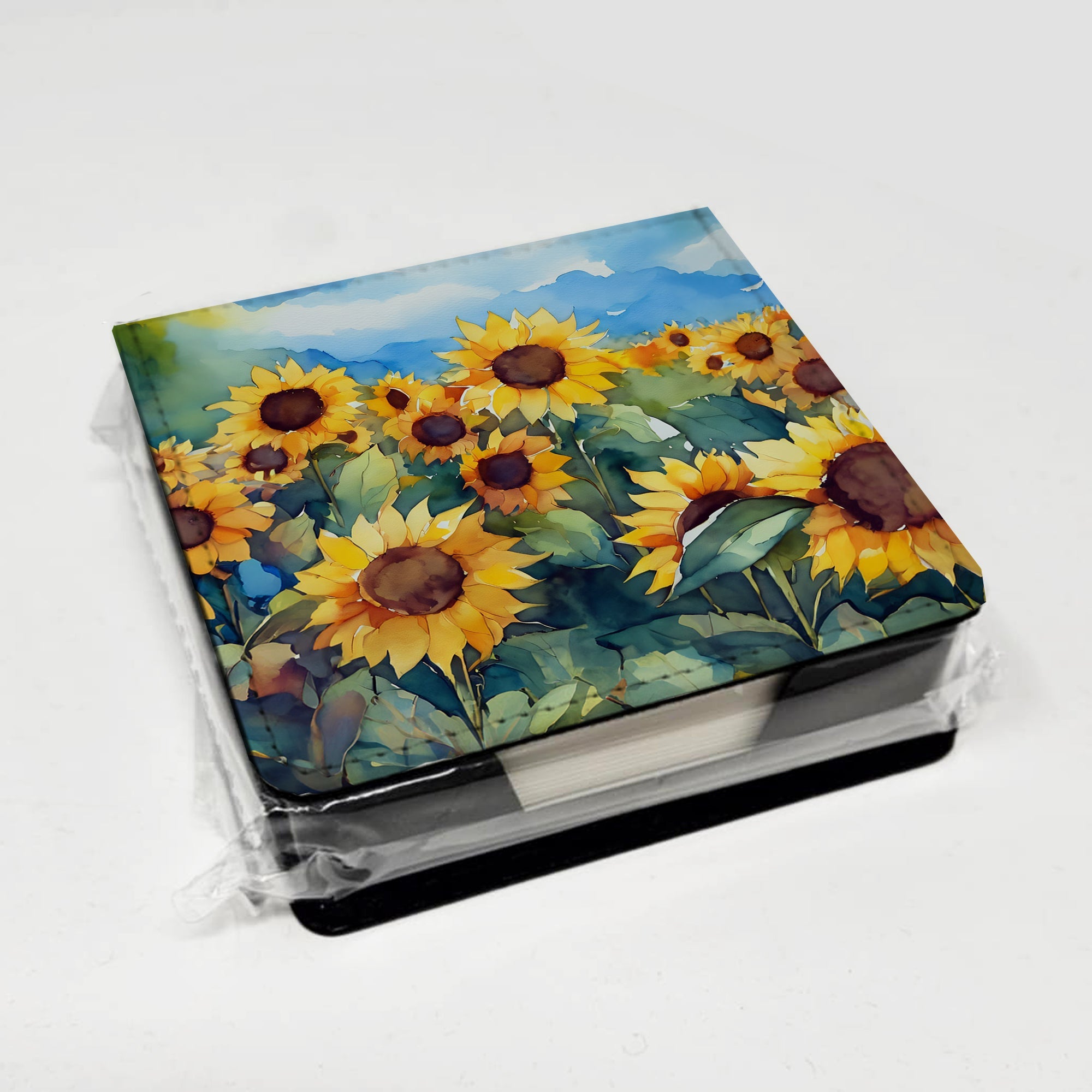 Sunflowers in Watercolor PU Leather Note Paper Holder with Artist-Designed Cover, Desk Accessory, Office Gift