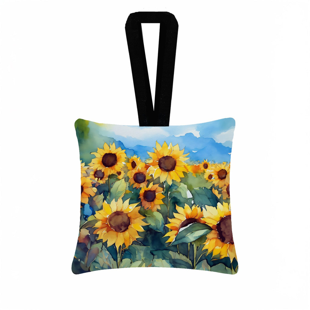 Sunflowers in Watercolor Hanging Square Fabric Ornament 3.5 × 3.5 Decorative Door-Knob & Tree Hanger, Soft Fabric